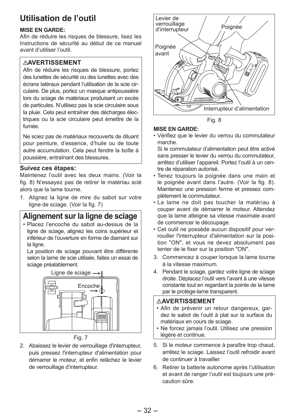 Utilisation de l’outil, Alignement sur la ligne de sciage | Panasonic EY4542 User Manual | Page 32 / 63