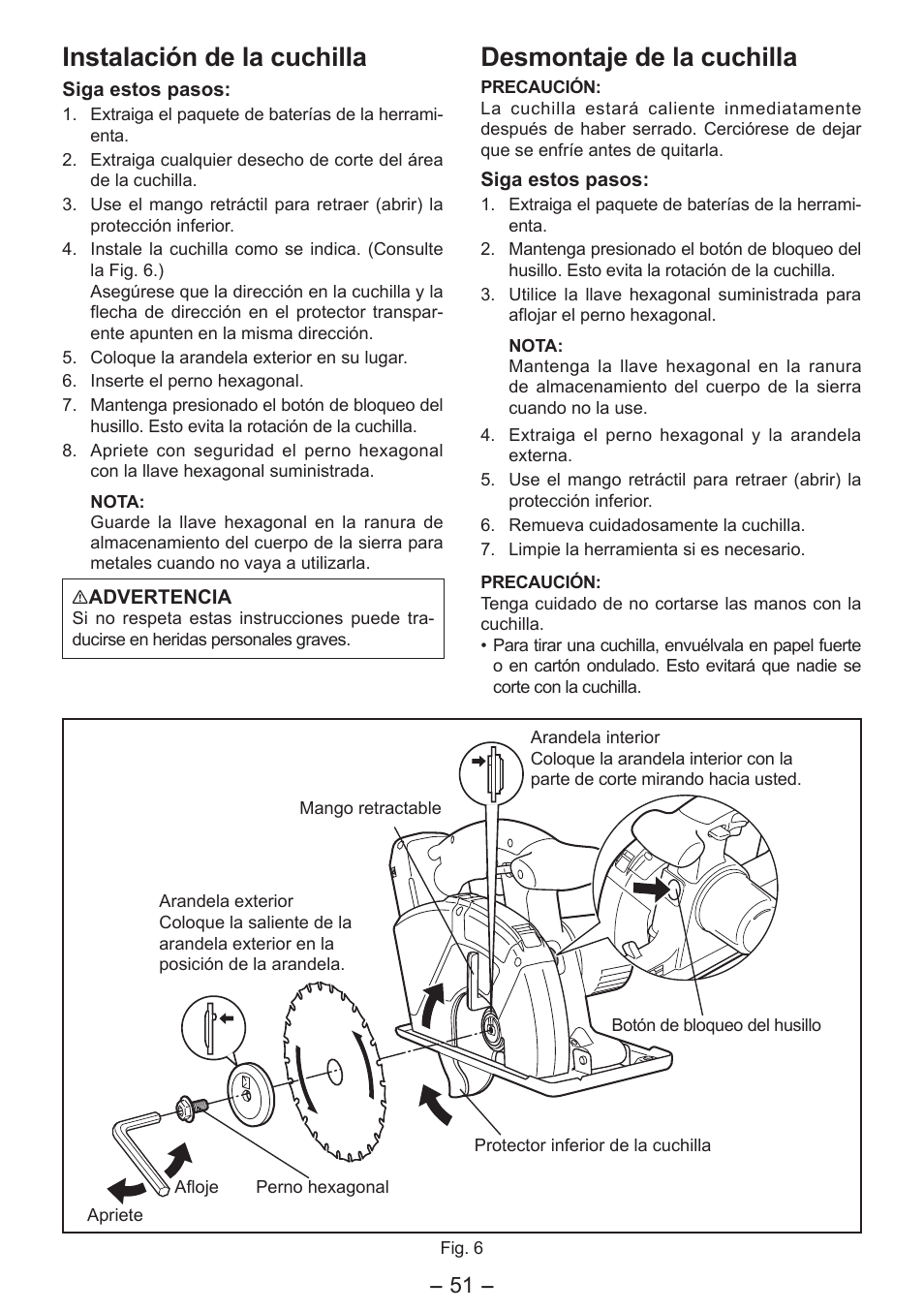 Instalación de la cuchilla, Desmontaje de la cuchilla | Panasonic EY4542 User Manual | Page 51 / 63