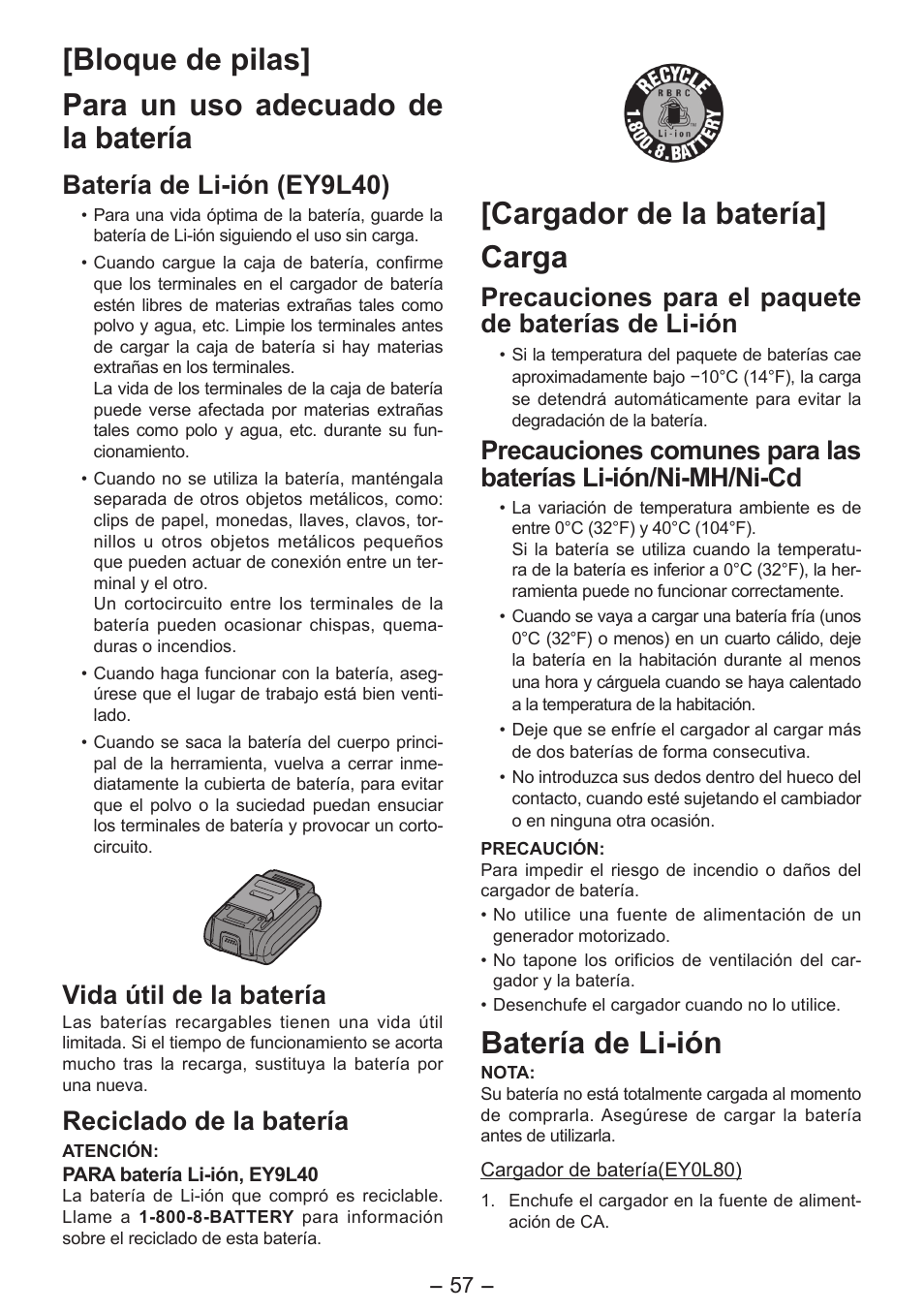 Cargador de la batería] carga, Batería de li-ión, Batería de li-ión (ey9l40) | Vida útil de la batería, Reciclado de la batería, Precauciones para el paquete de baterías de li-ión | Panasonic EY4542 User Manual | Page 57 / 63