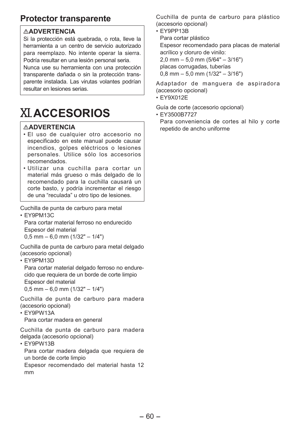 Accesorios, Protector transparente | Panasonic EY4542 User Manual | Page 60 / 63