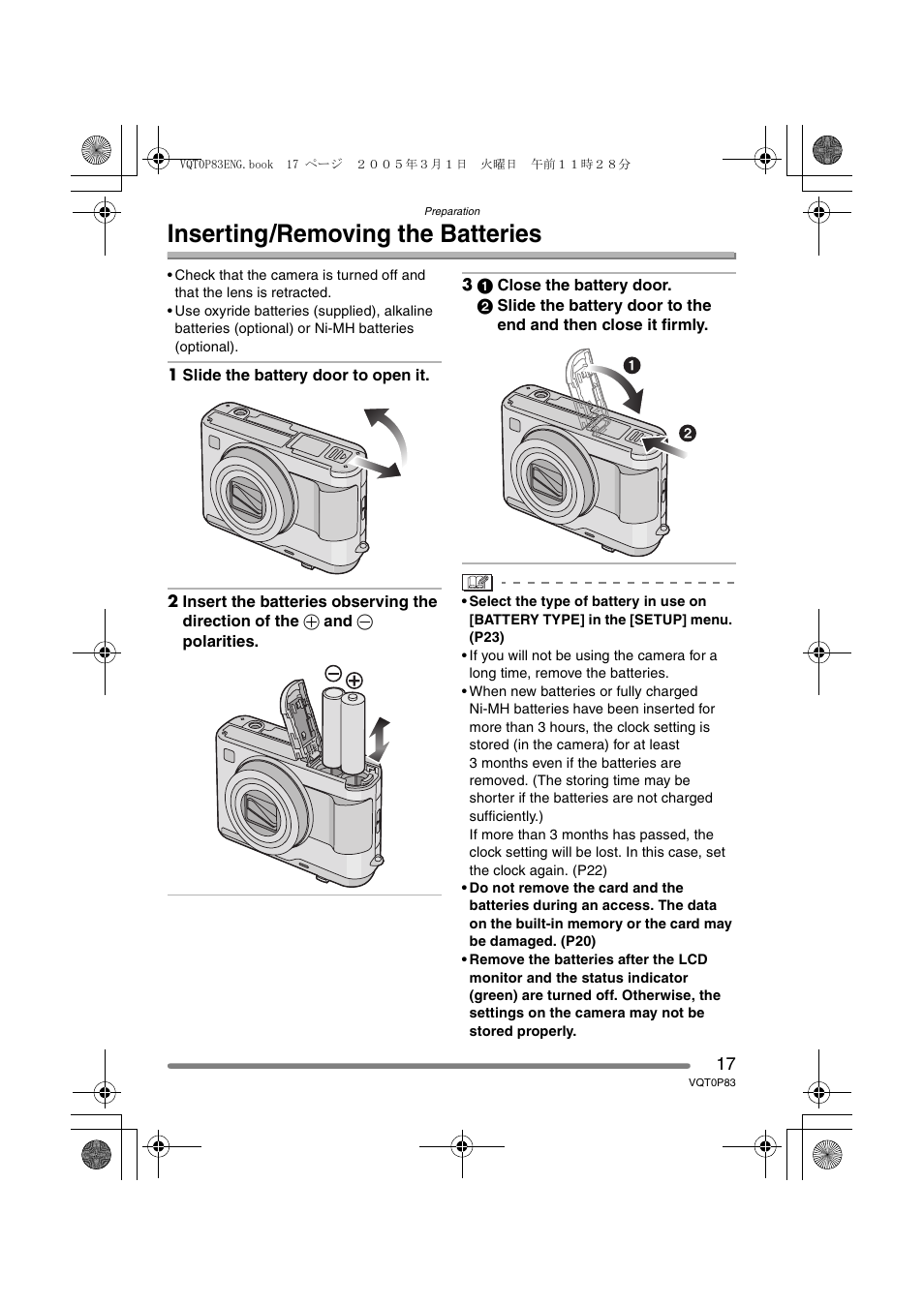 Inserting/removing the batteries | Panasonic DMC-LZ1GN User Manual | Page 17 / 104