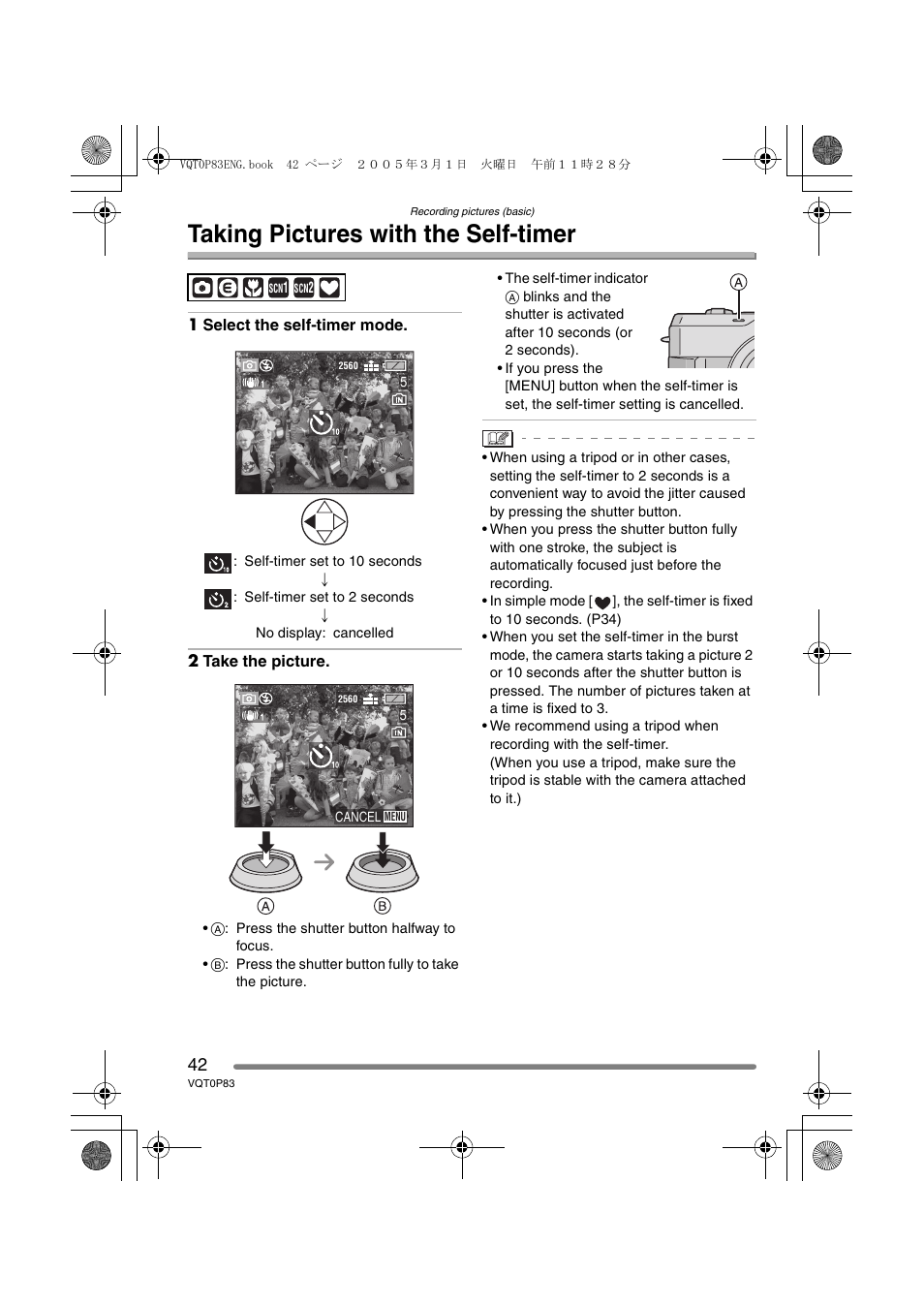 Taking pictures with the self-timer | Panasonic DMC-LZ1GN User Manual | Page 42 / 104