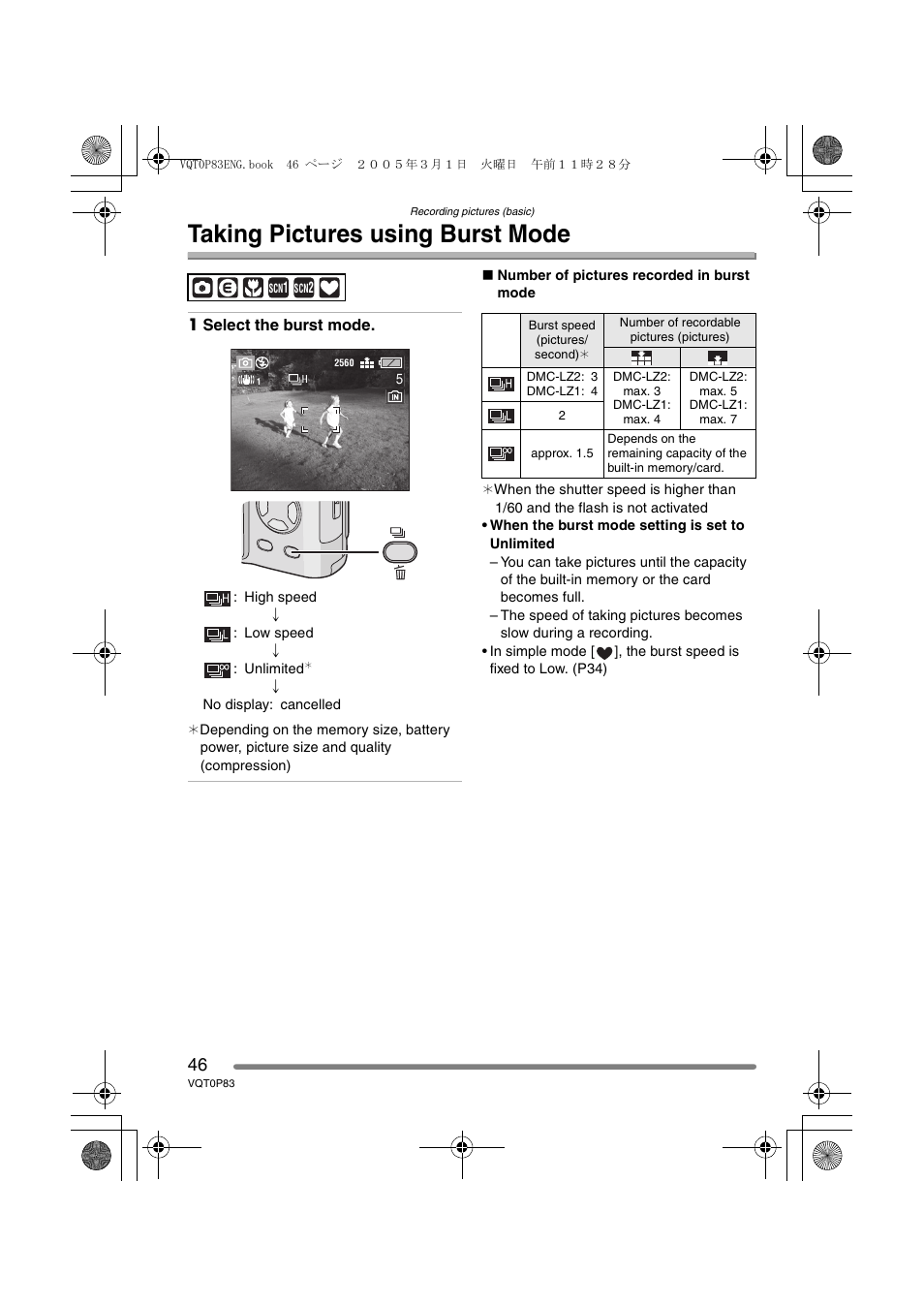 Taking pictures using burst mode | Panasonic DMC-LZ1GN User Manual | Page 46 / 104
