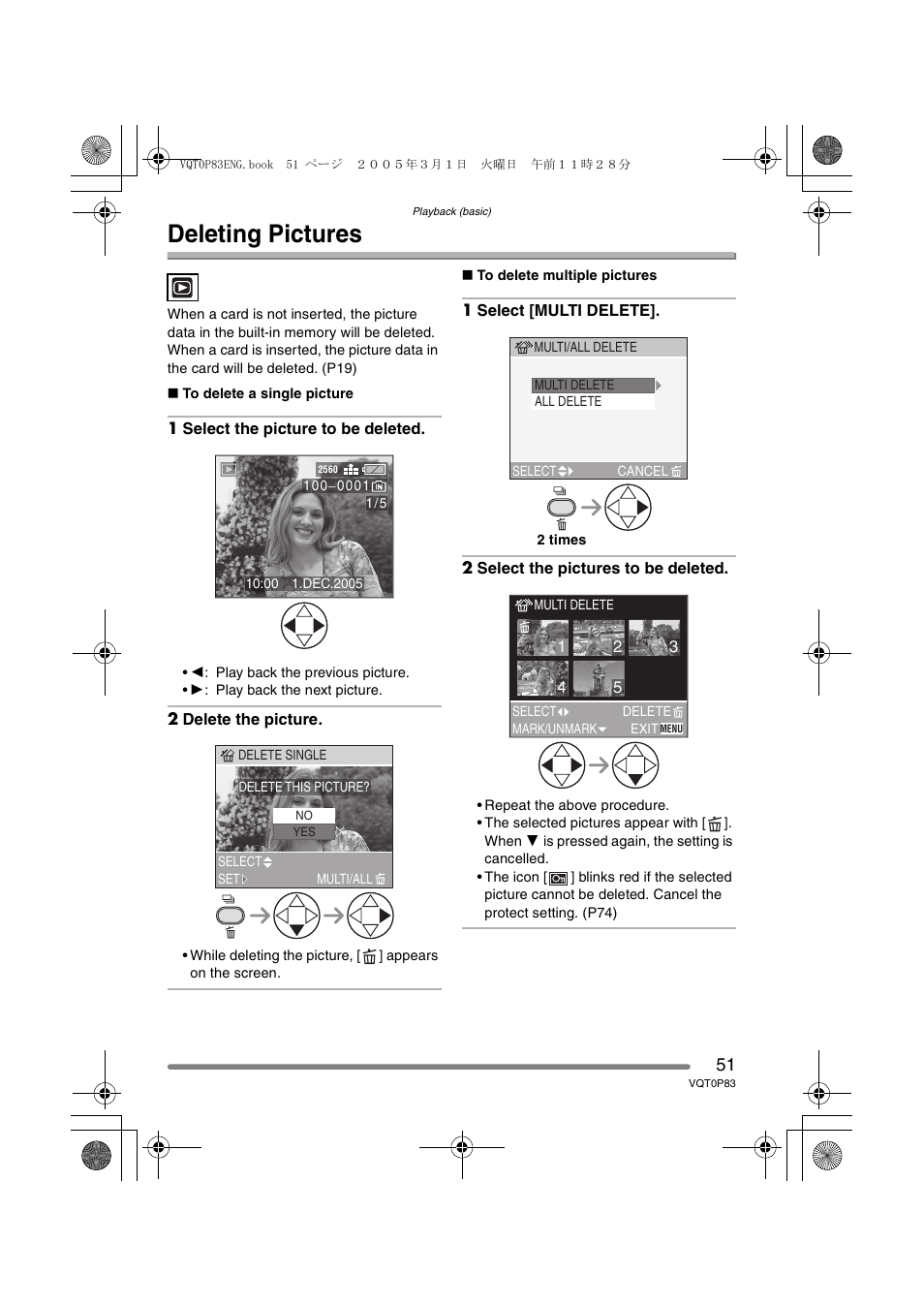 Deleting pictures | Panasonic DMC-LZ1GN User Manual | Page 51 / 104