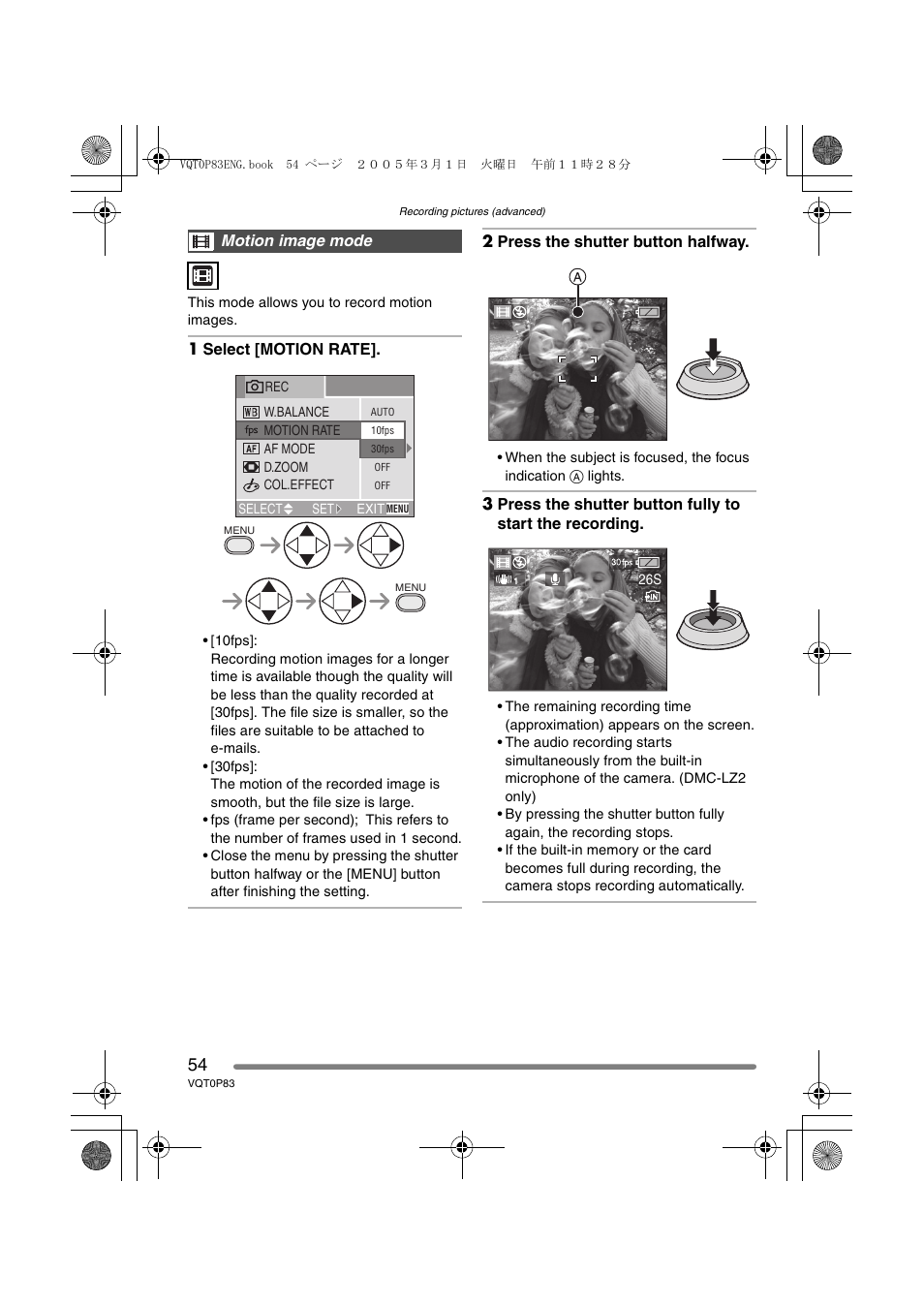 Motion image mode | Panasonic DMC-LZ1GN User Manual | Page 54 / 104