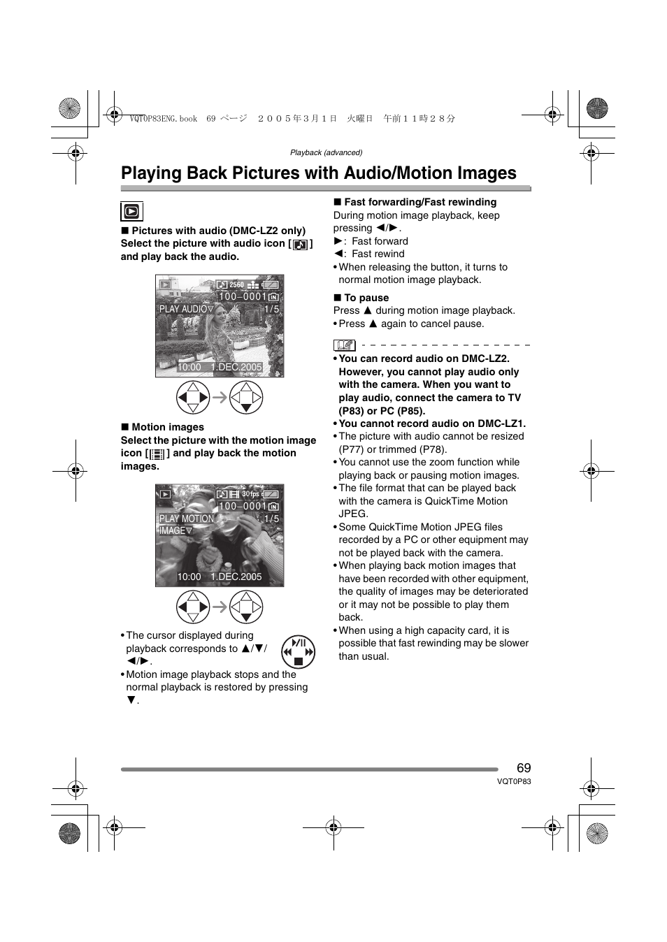 Playing back pictures with audio/motion images | Panasonic DMC-LZ1GN User Manual | Page 69 / 104