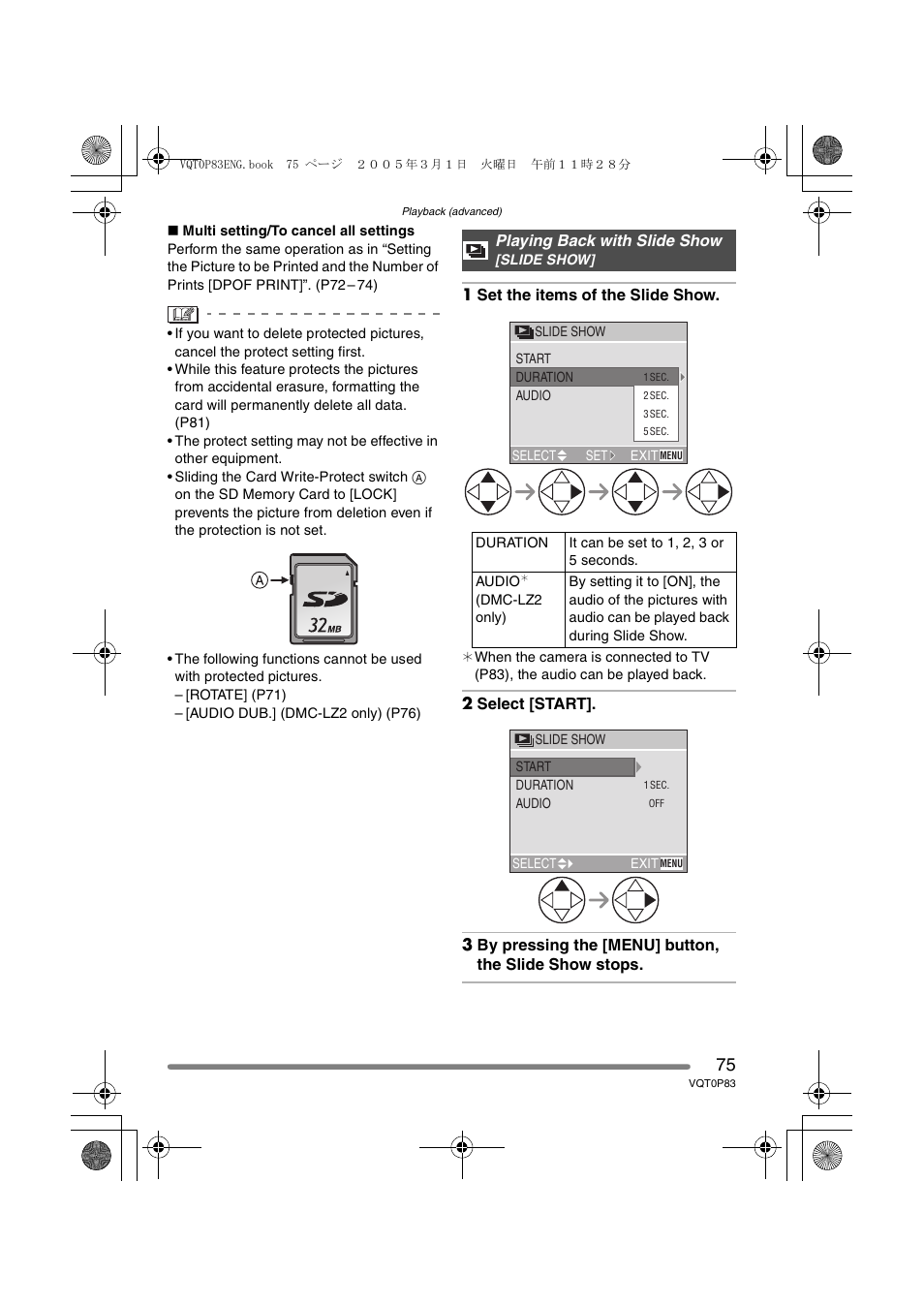 Playing back with slide show | Panasonic DMC-LZ1GN User Manual | Page 75 / 104