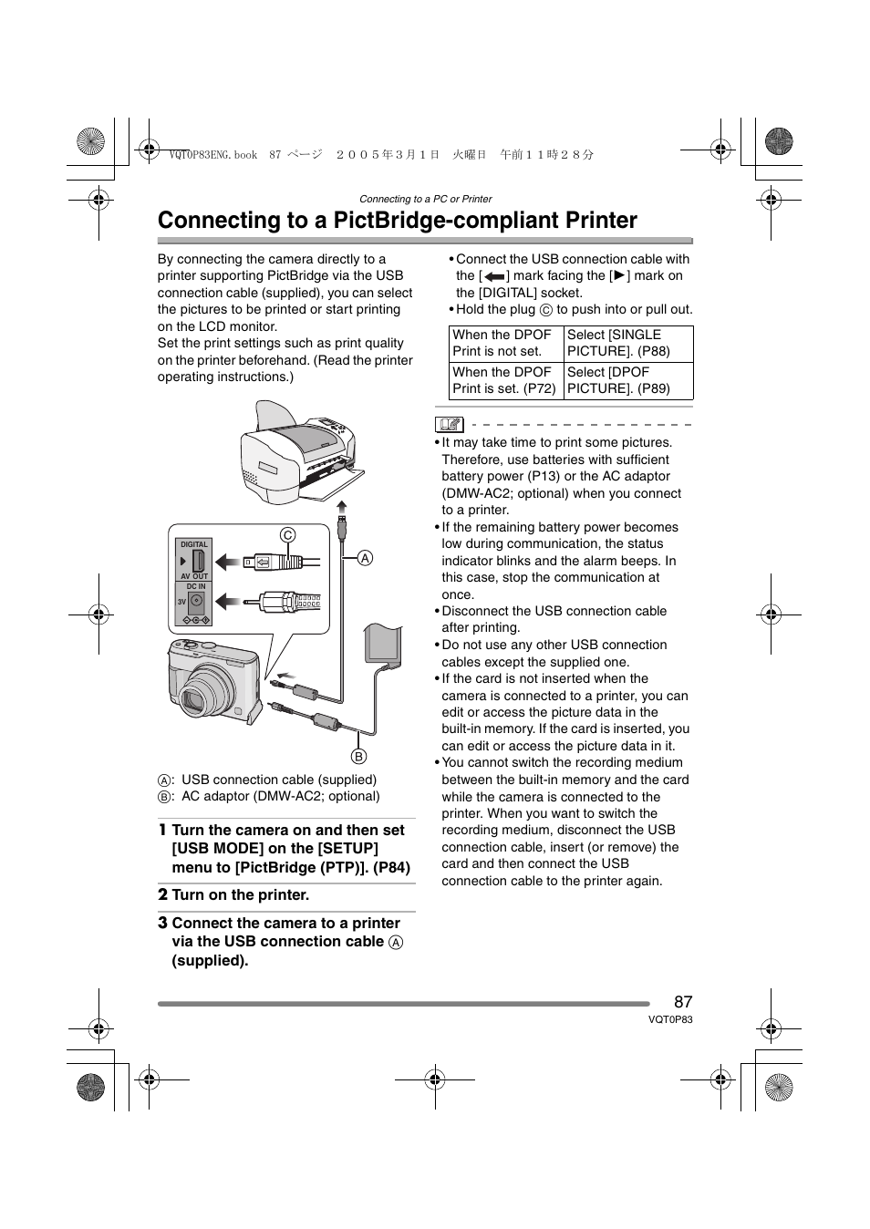 Connecting to a pictbridge-compliant printer | Panasonic DMC-LZ1GN User Manual | Page 87 / 104