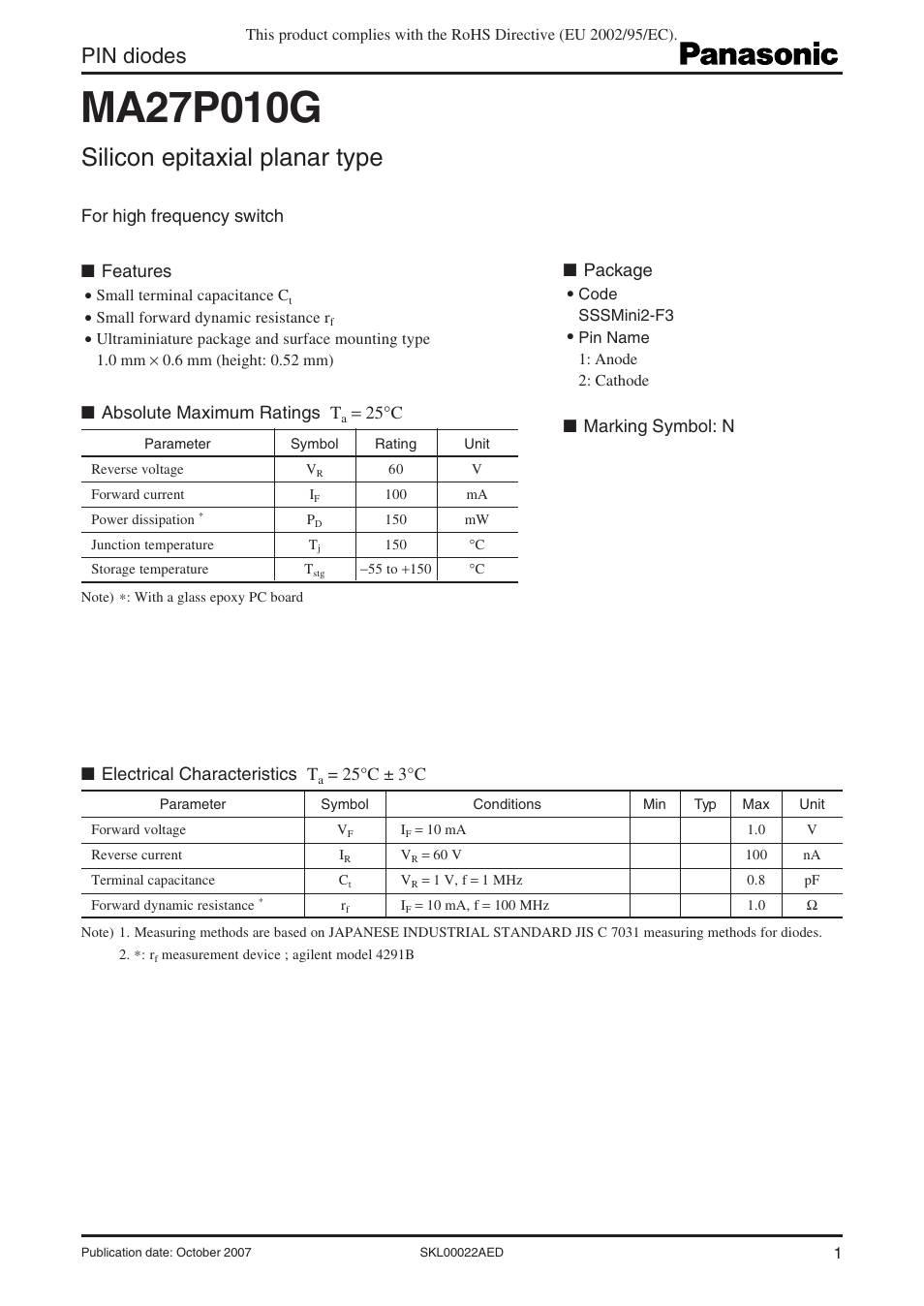 Panasonic MA27P010G User Manual | 4 pages