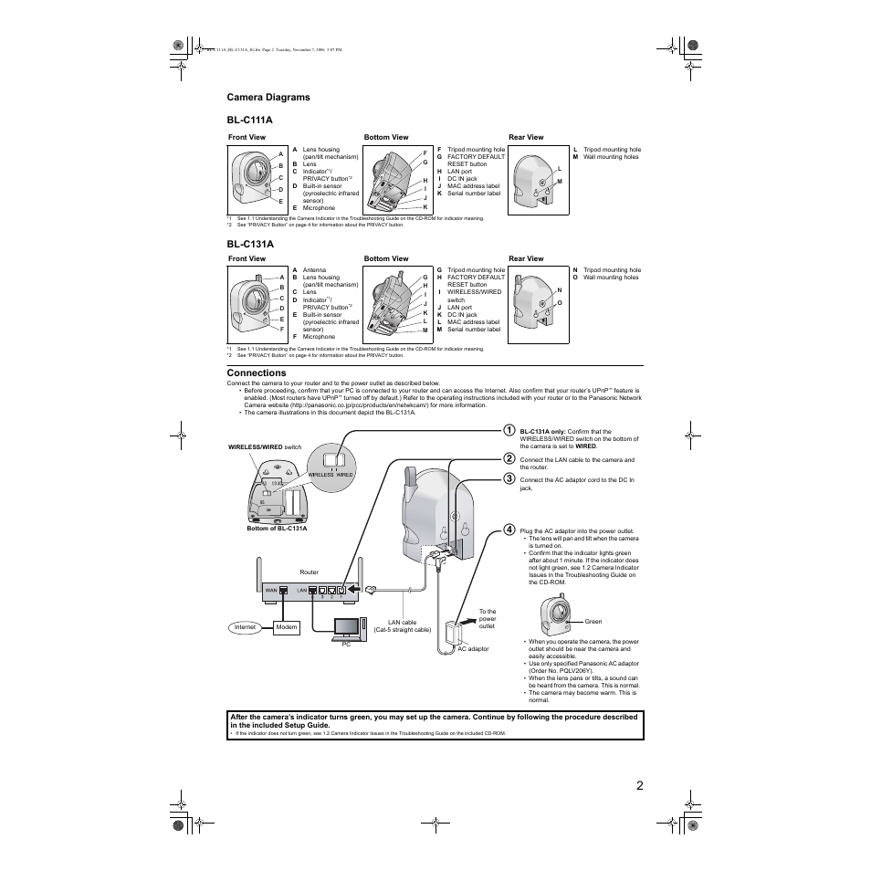 Camera diagrams bl-c111a, Bl-c131a, Connections | Panasonic BL-C131A User Manual | Page 2 / 4