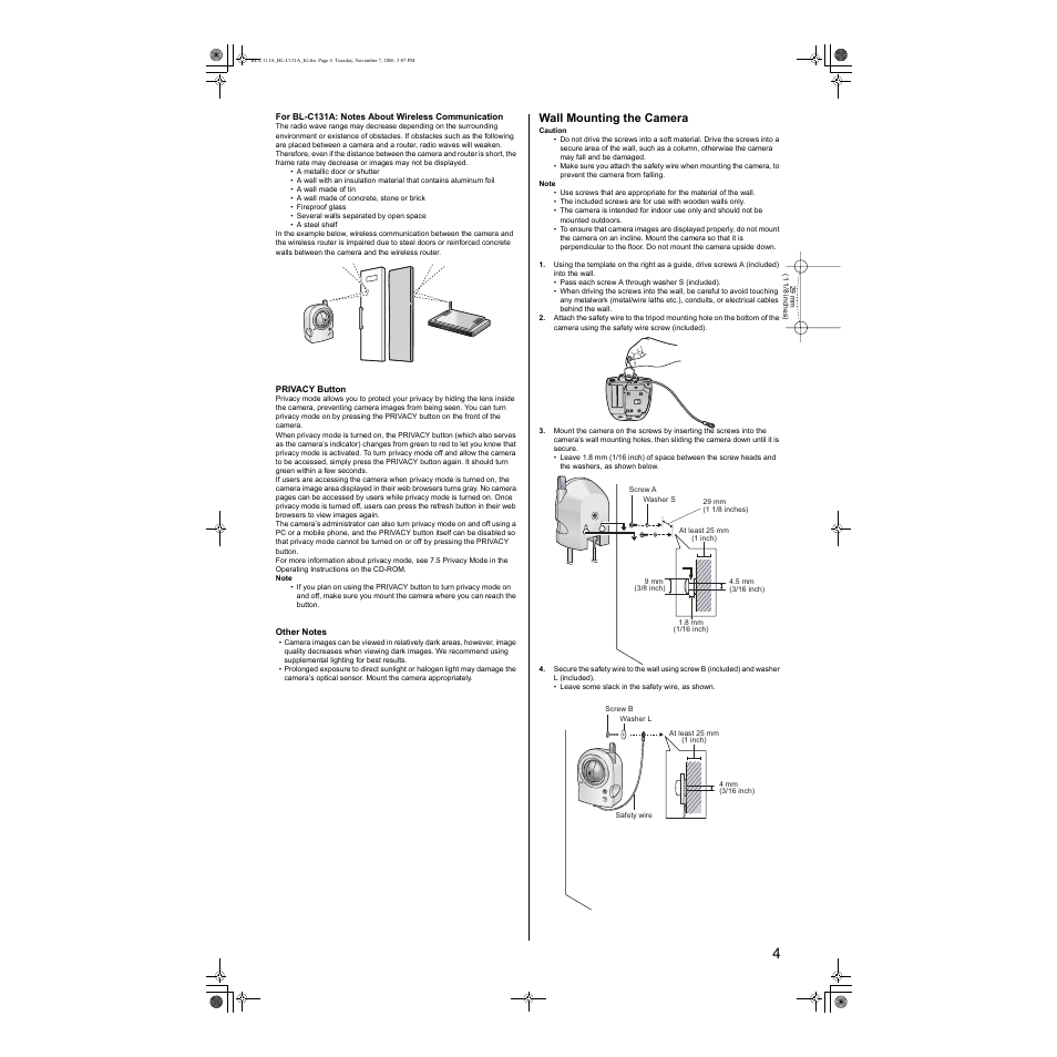 Wall mounting the camera | Panasonic BL-C131A User Manual | Page 4 / 4