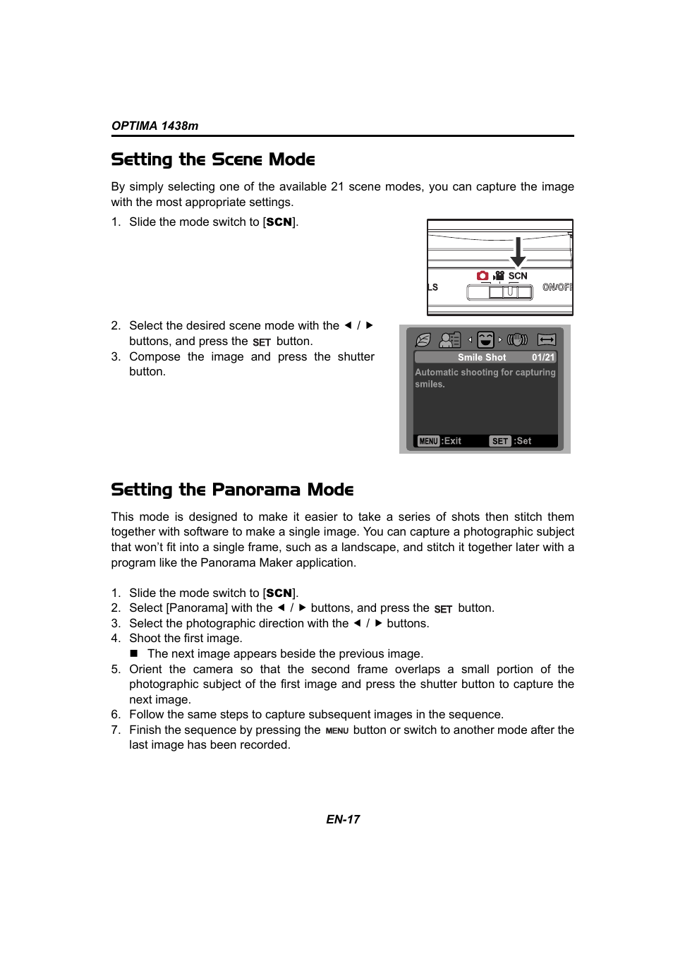 Setting the scene mode, Setting the panorama mode | Panasonic 1438M User Manual | Page 18 / 44