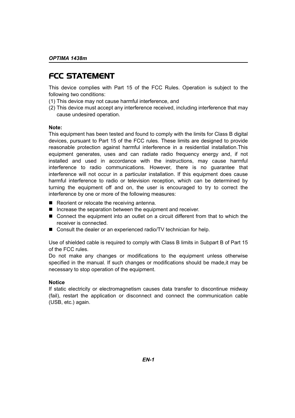 Fcc statement | Panasonic 1438M User Manual | Page 2 / 44