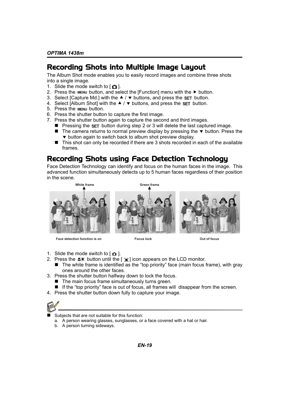 Recording shots into multiple image layout, Recording shots using face detection technology | Panasonic 1438M User Manual | Page 20 / 44