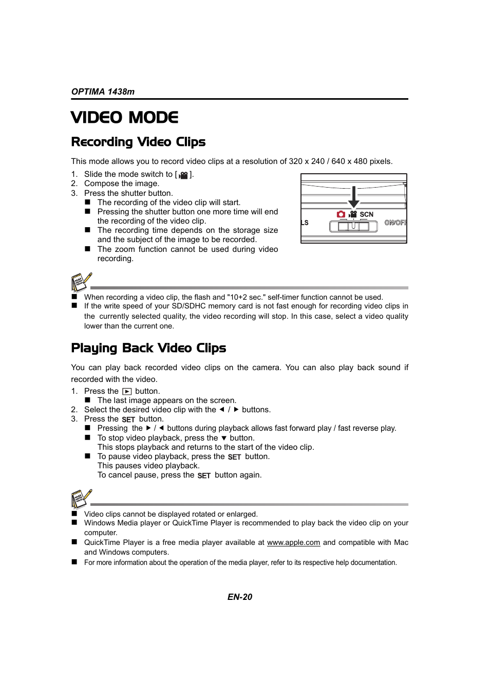 Video mode, Recording video clips, Playing back video clips | Panasonic 1438M User Manual | Page 21 / 44