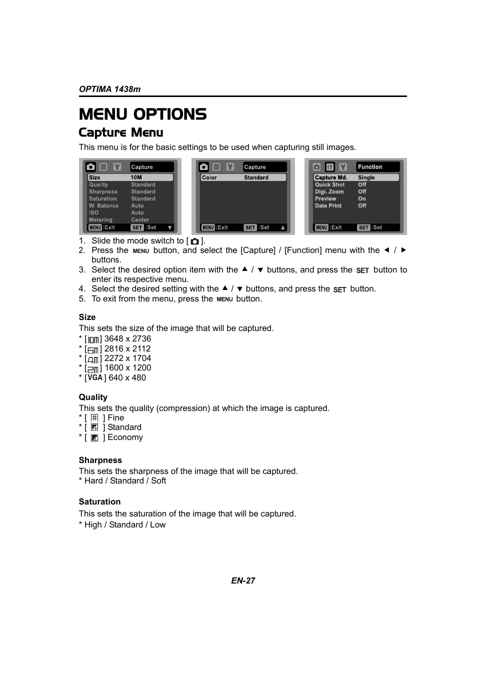 Menu options, Capture menu | Panasonic 1438M User Manual | Page 28 / 44