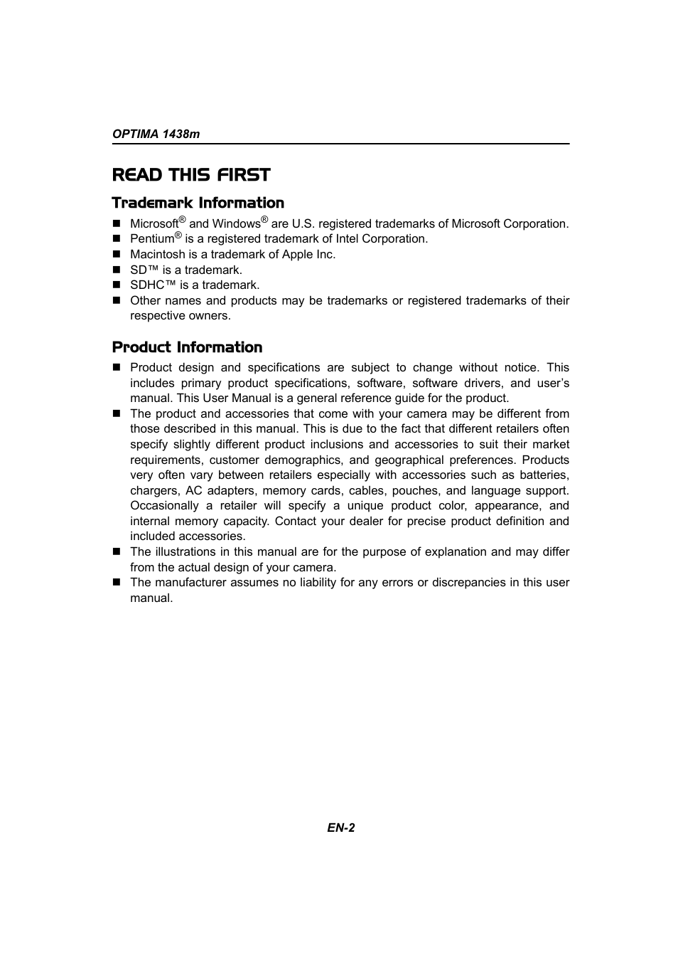 Read this first, Trademark information, Product information | Panasonic 1438M User Manual | Page 3 / 44