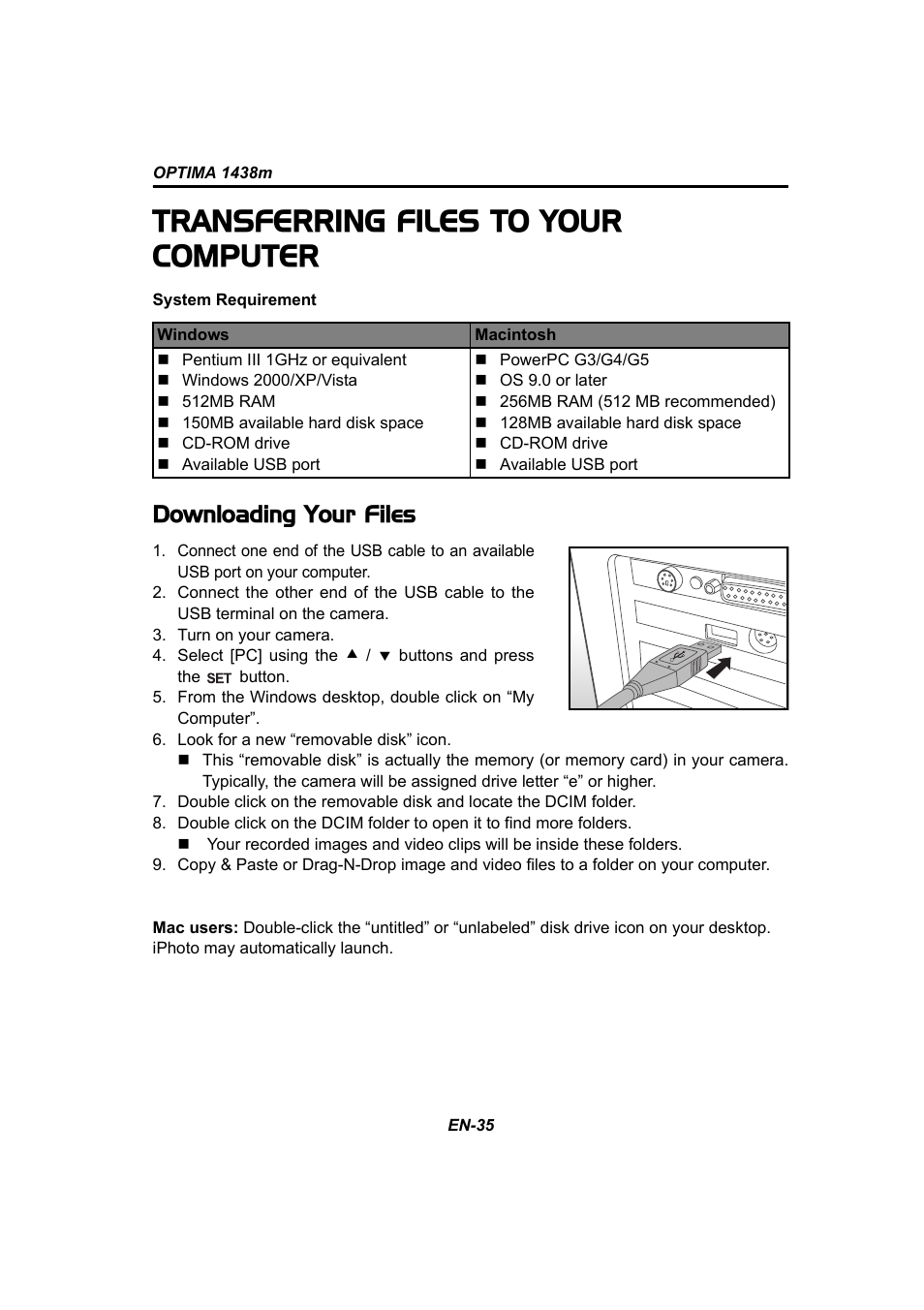 Transferring files to your computer, Downloading your files | Panasonic 1438M User Manual | Page 36 / 44