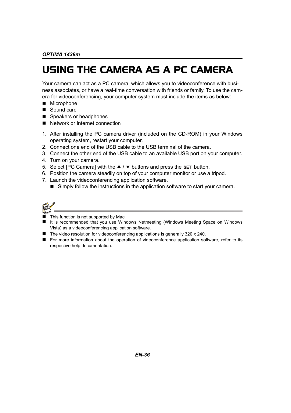 Using the camera as a pc camera | Panasonic 1438M User Manual | Page 37 / 44