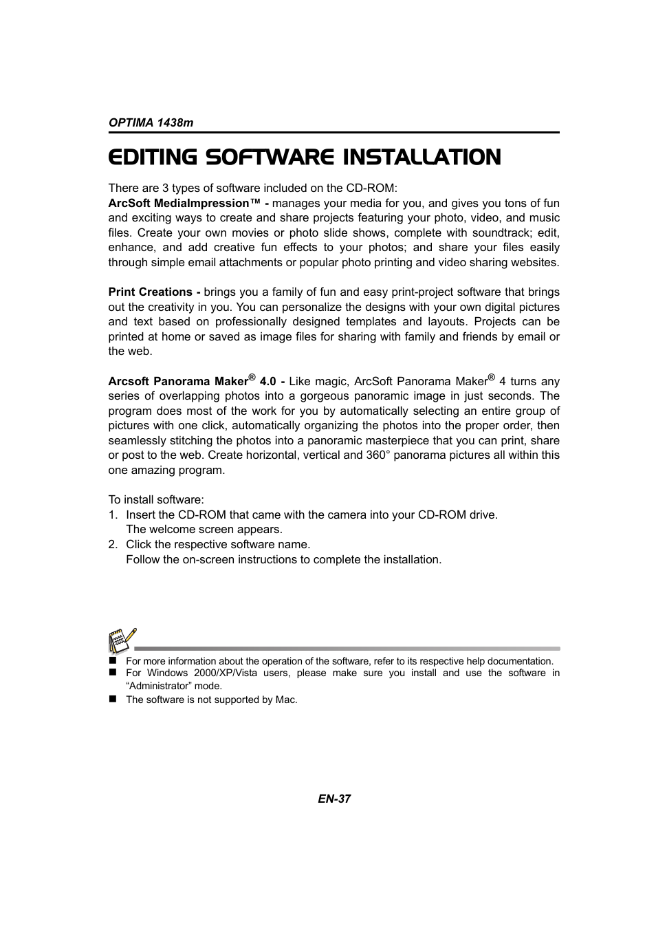 Editing software installation | Panasonic 1438M User Manual | Page 38 / 44