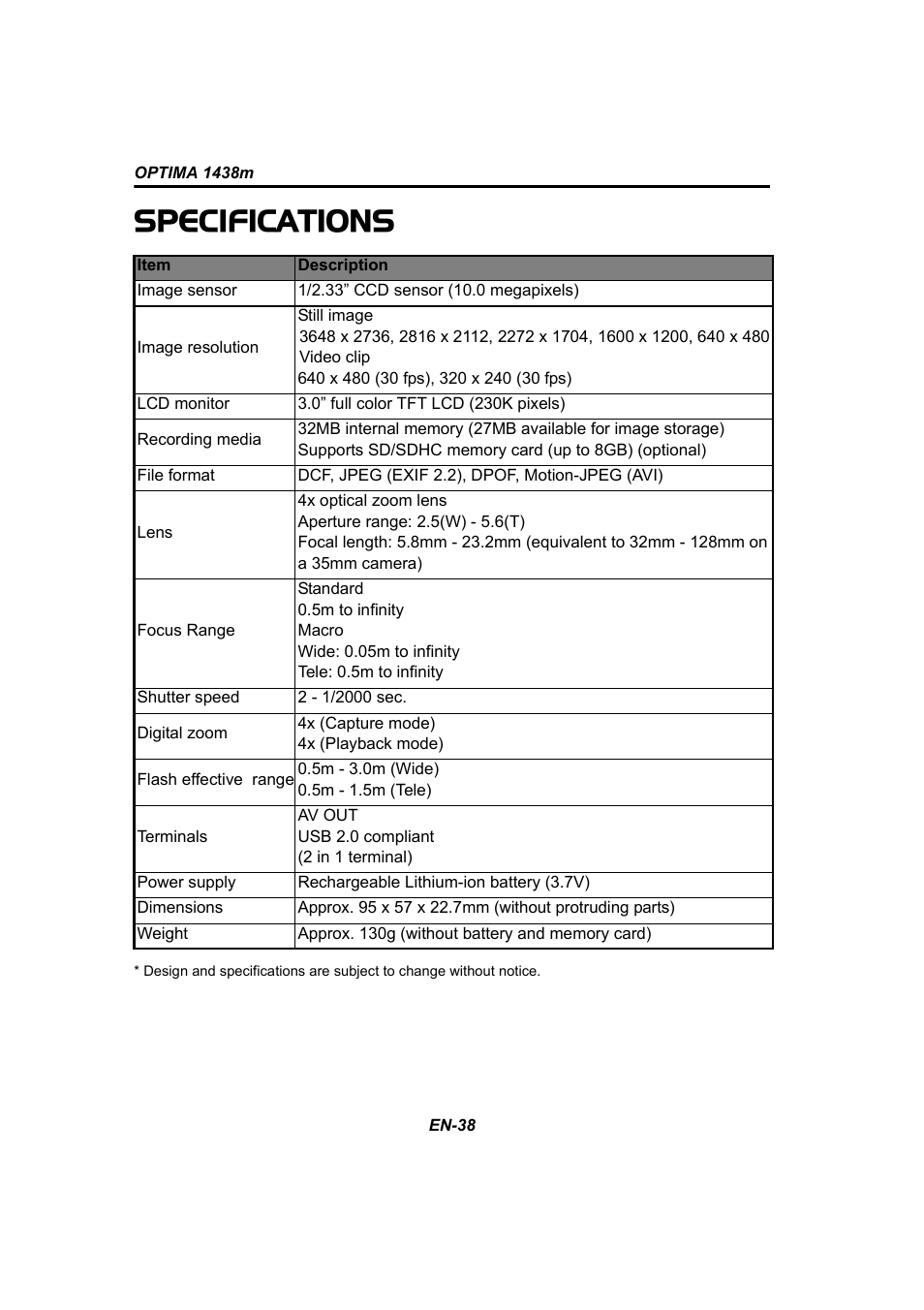 Specifications | Panasonic 1438M User Manual | Page 39 / 44