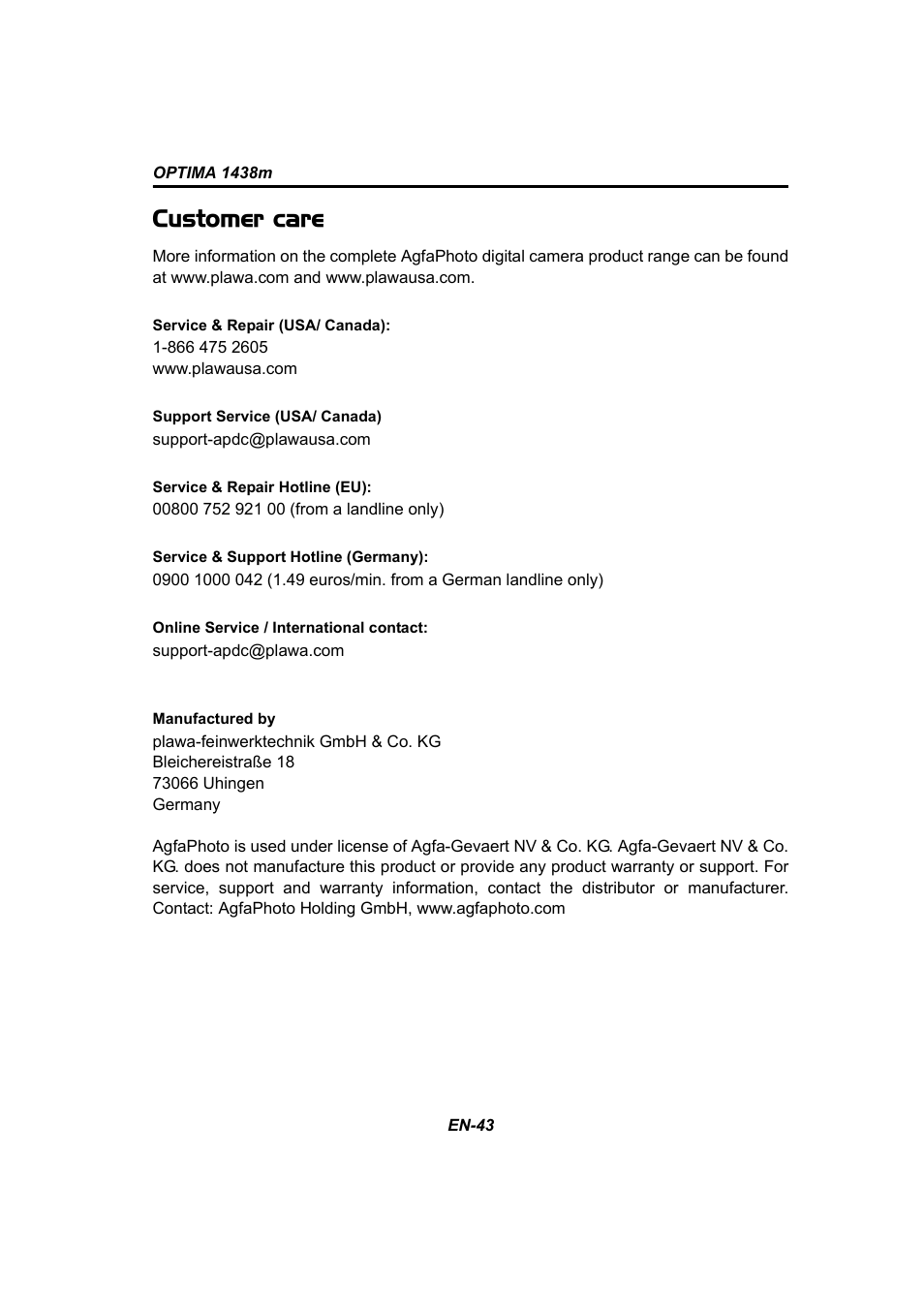 Customer care | Panasonic 1438M User Manual | Page 44 / 44