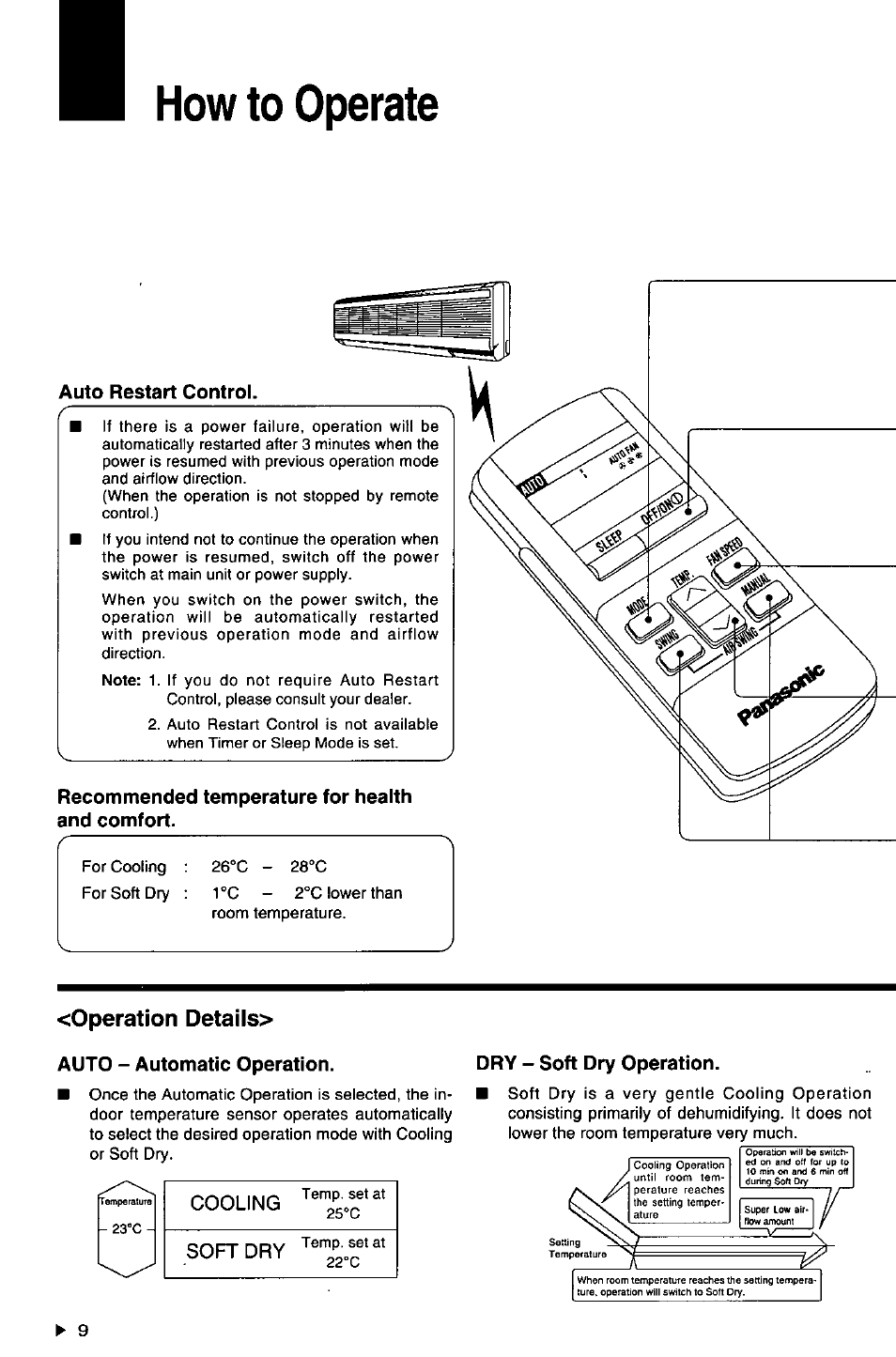 How to operate, Auto restart control, Recommended temperature for health and comfort | Operation details, Auto - automatic operation, Dry - soft dry operation, How to operate - 10 | Panasonic CSXC181KP User Manual | Page 10 / 48