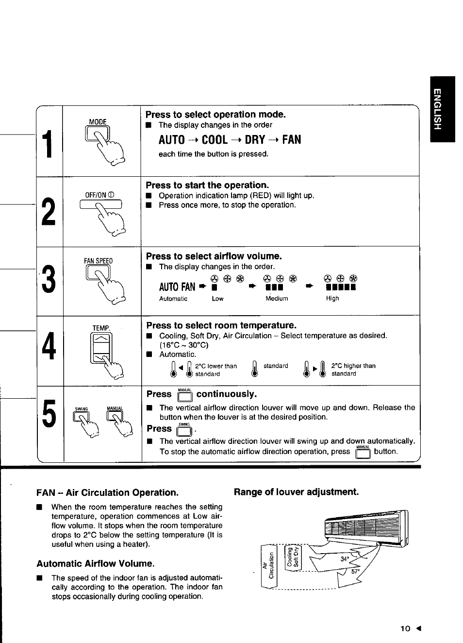 Press to select operation mode, Press to start the operation, Press to select airflow volume | Press to select room temperature, Press ([^ continuously, Press, Fan - air circulation operation, Automatic airflow volume, Range of louver adjustment | Panasonic CSXC181KP User Manual | Page 11 / 48