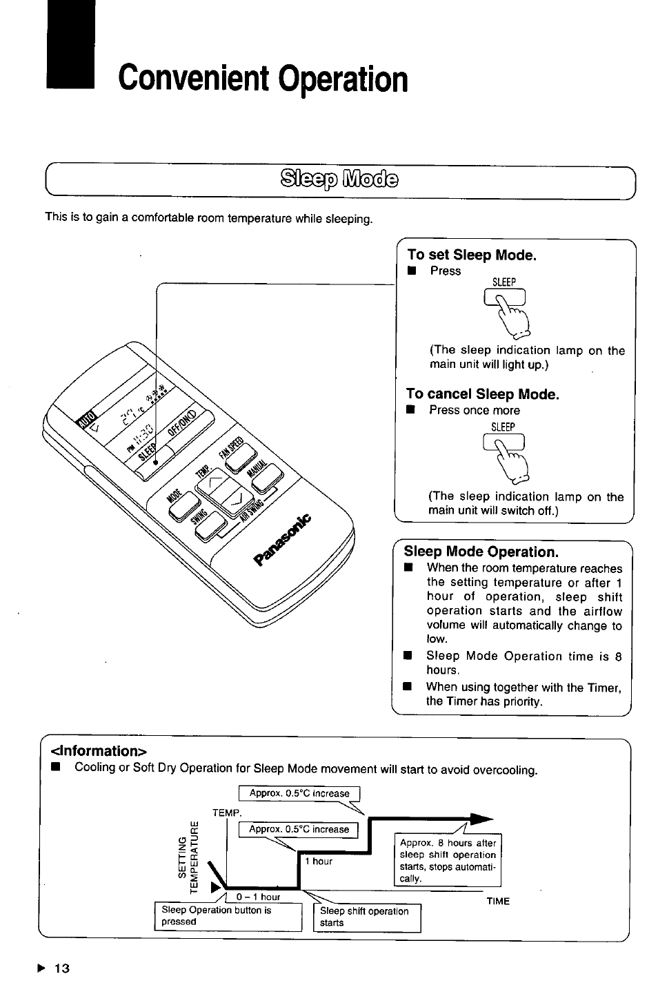 Convenient operation, To set sleep mode, To cancel sleep mode | Sleep mode operation, Lnfornnation, Convenient operation 3 - 1 4 | Panasonic CSXC181KP User Manual | Page 14 / 48