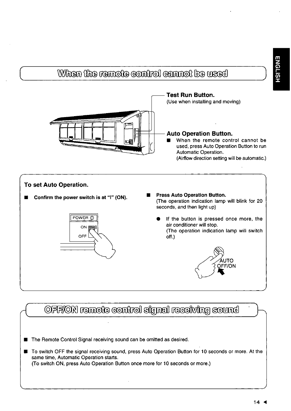 Test run button, Auto operation button, To set auto operation | Confirm the power switch is at “i” (on), Press auto operation button | Panasonic CSXC181KP User Manual | Page 15 / 48