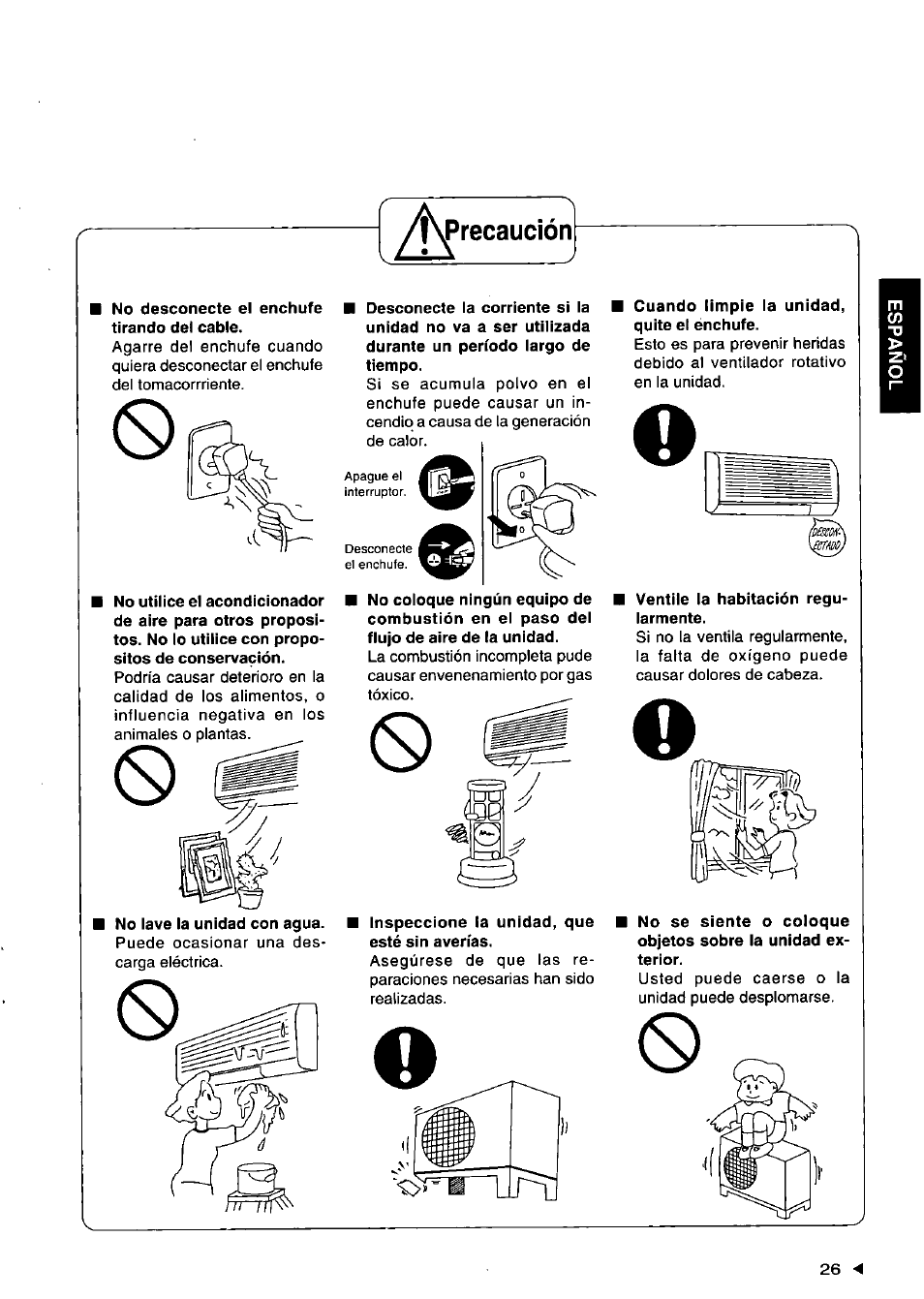 Inspeccione la unidad, que esté sin averías, Cuando limpie la unidad, quite el énchufe, Ventile la habitación regularmente | Panasonic CSXC181KP User Manual | Page 27 / 48