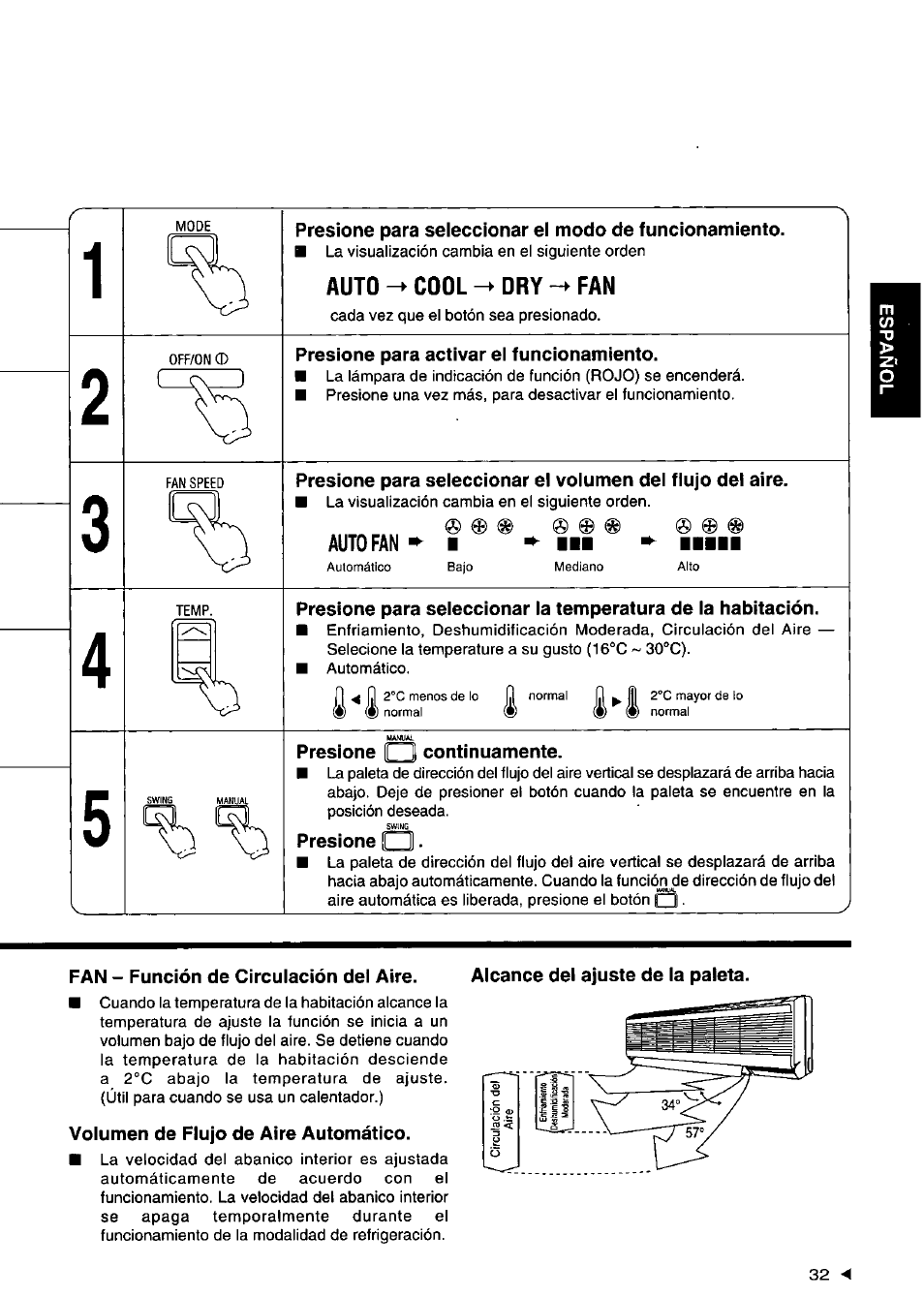 Presione para activar el funcionamiento, Presione (q continuamente, Presione | Fan - función de circulación del aire, Volumen de flujo de aire automático, Alcance del ajuste de la paleta | Panasonic CSXC181KP User Manual | Page 33 / 48