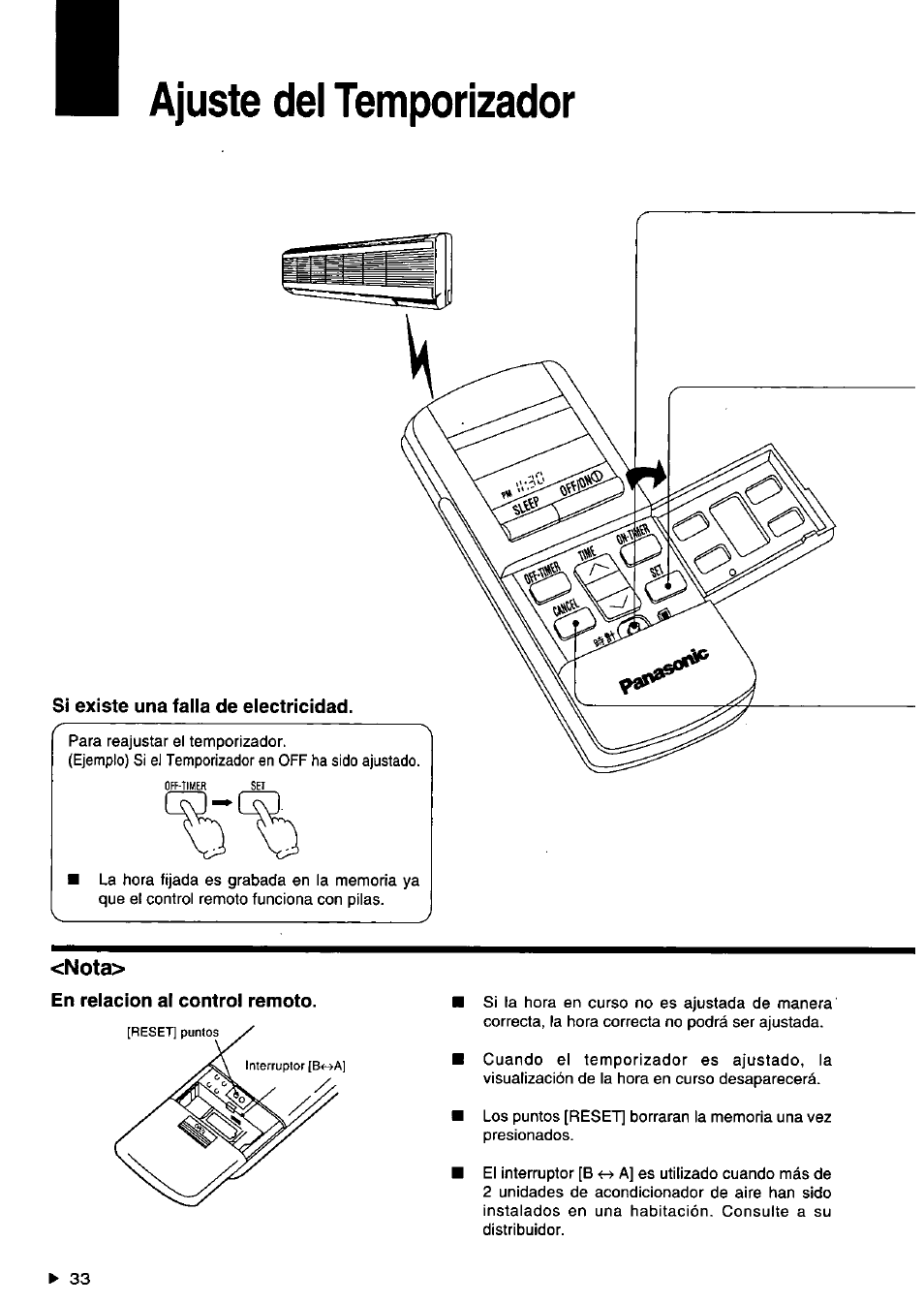 Ajuste del temporizador, Si existe una falla de electricidad | Panasonic CSXC181KP User Manual | Page 34 / 48