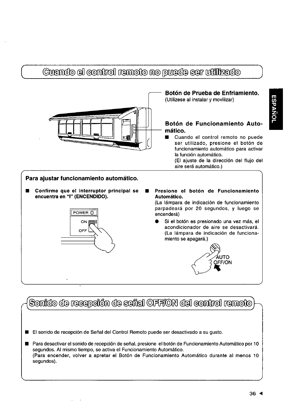 Botón de prueba de enfriamiento, Botón de funcionamiento automático, Para ajustar funcionamiento automático | Presione el botón de funcionamiento automático | Panasonic CSXC181KP User Manual | Page 37 / 48