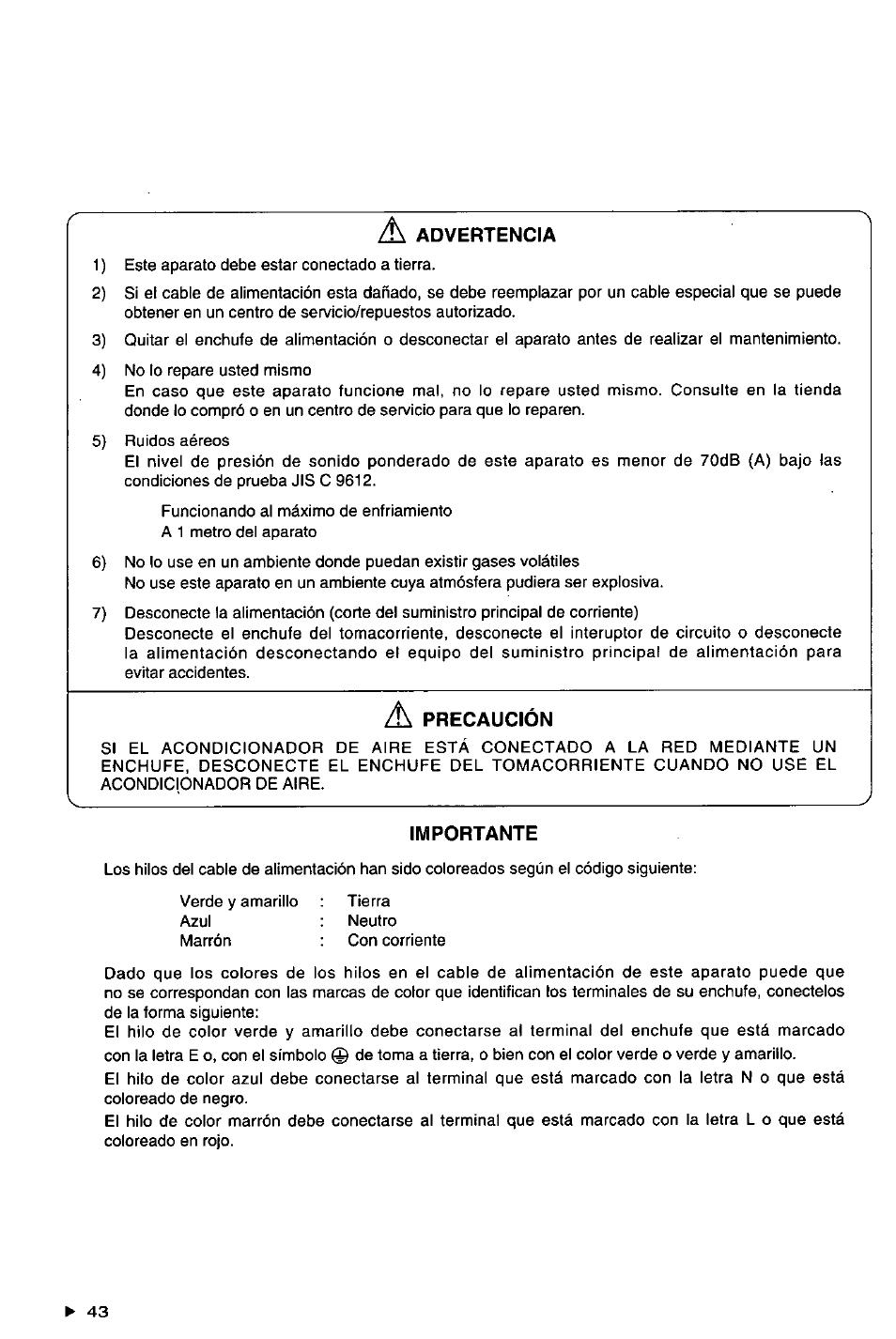 Advertencia, Precaucion, Importante | Panasonic CSXC181KP User Manual | Page 44 / 48