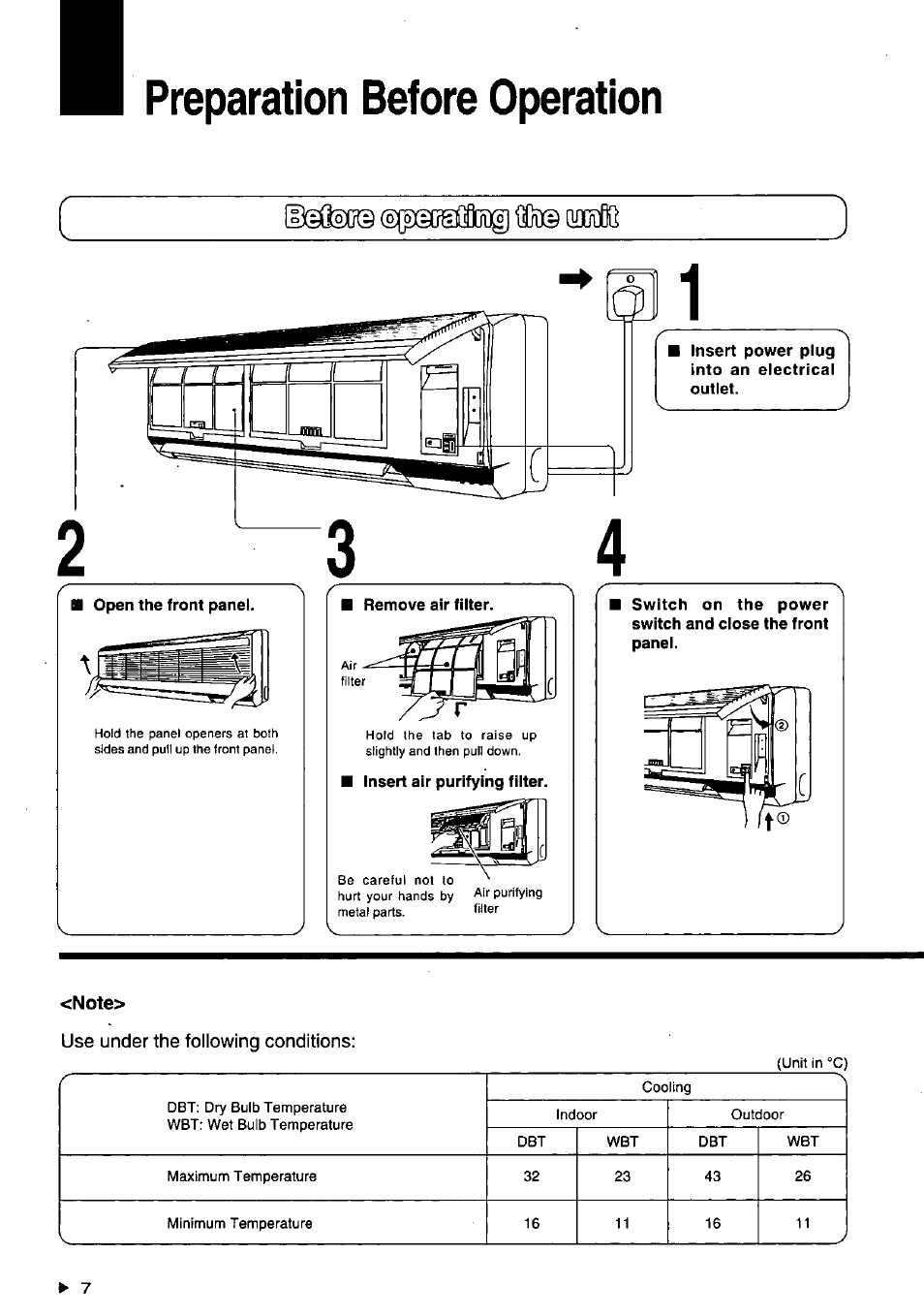 Preparation before operation, Note, Preparation before operation -8 | Panasonic CSXC181KP User Manual | Page 8 / 48