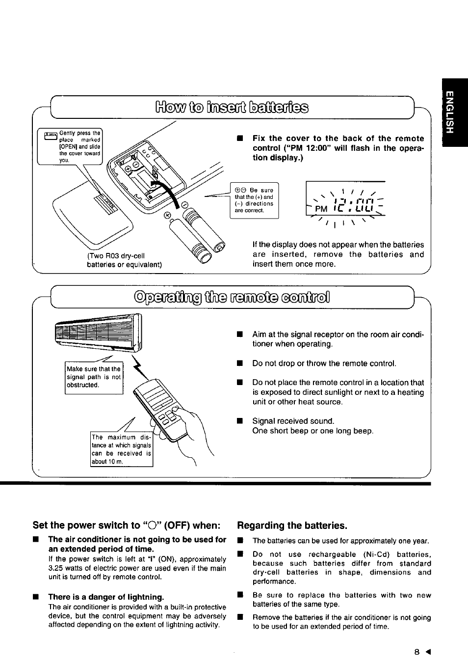 Set the power switch to “o” (off) when, There is a danger of lightning, Regarding the batteries | Panasonic CSXC181KP User Manual | Page 9 / 48