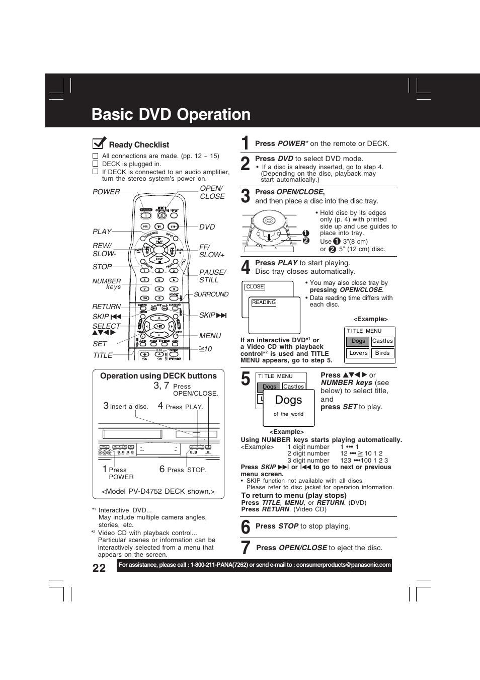 Basic dvd operation, Dogs, Ready checklist | Operation using deck buttons | Panasonic PV-D4742 User Manual | Page 22 / 60