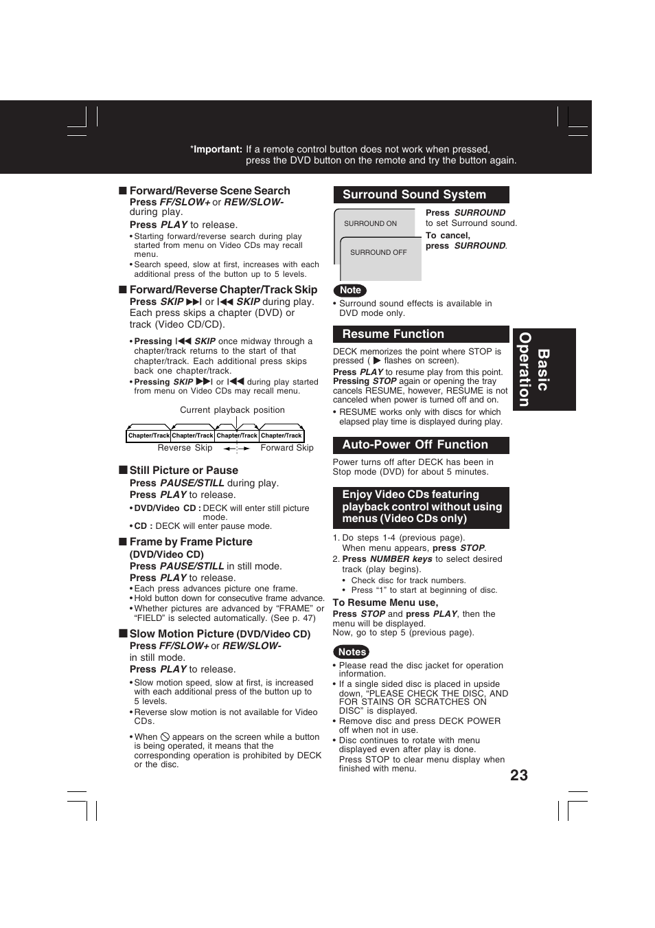 Basic operation, Resume function, Auto-power off function | Surround sound system | Panasonic PV-D4742 User Manual | Page 23 / 60