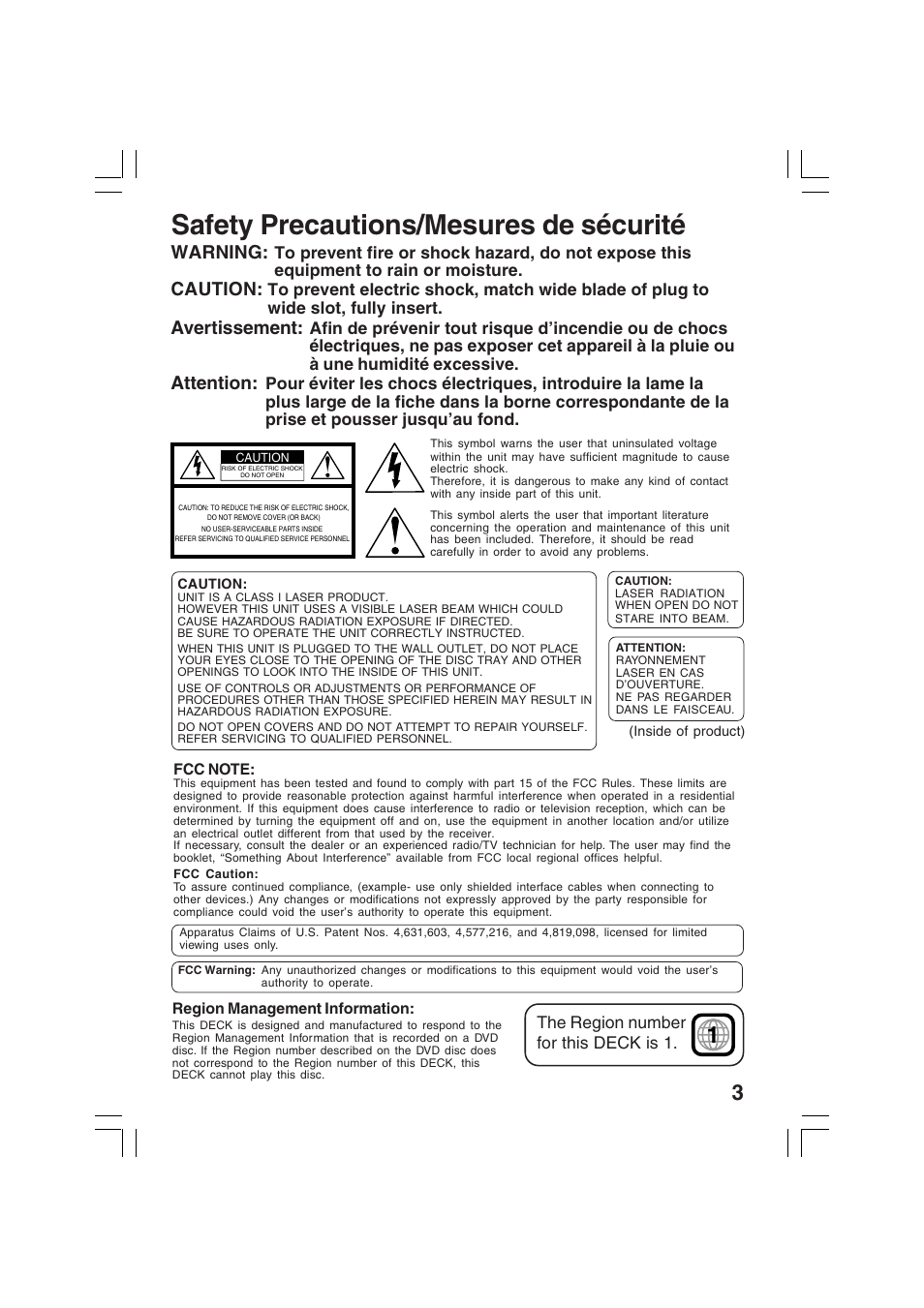 Safety precautions/mesures de sécurité, Warning, Caution | Avertissement, Attention | Panasonic PV-D4742 User Manual | Page 3 / 60