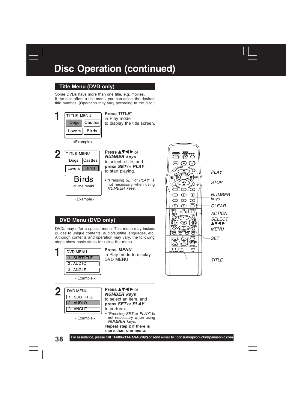 Disc operation (continued), Title menu (dvd only), Dvd menu (dvd only) | Panasonic PV-D4742 User Manual | Page 38 / 60