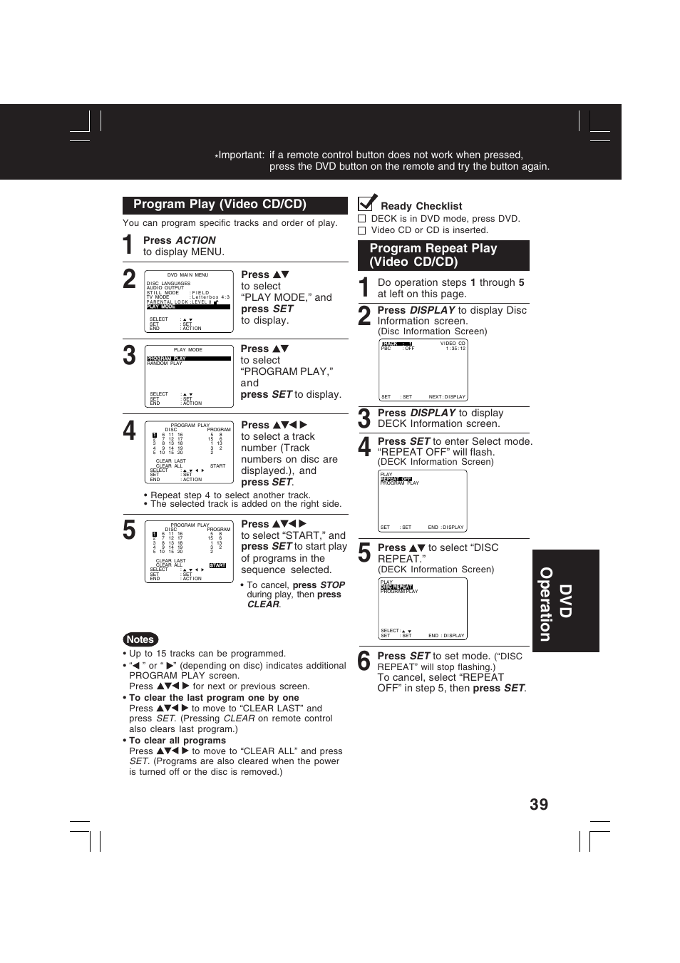 Dv d operation, Program play (video cd/cd), Program repeat play (video cd/cd) | Panasonic PV-D4742 User Manual | Page 39 / 60