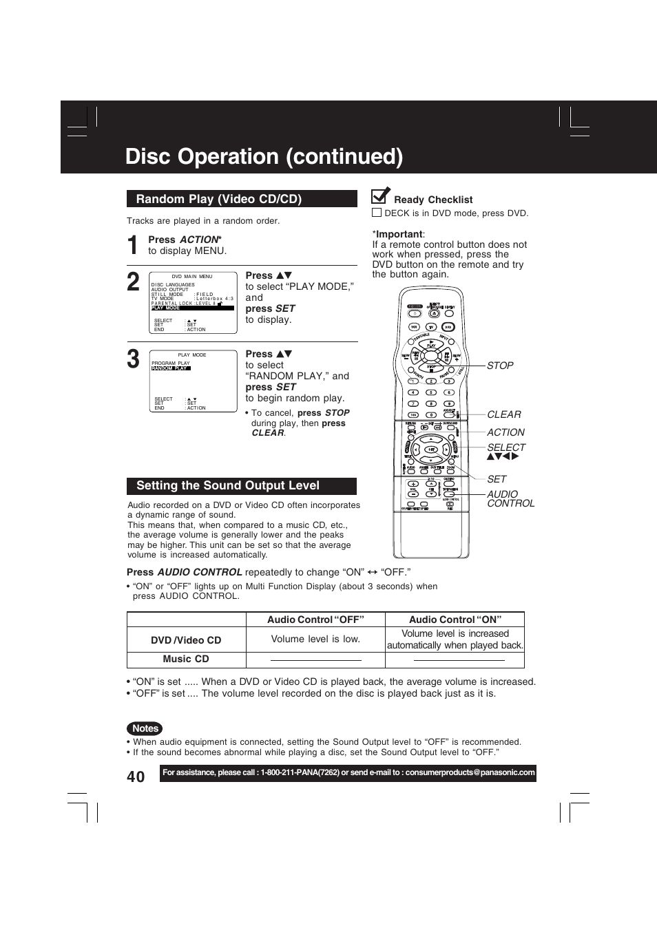 Disc operation (continued), Random play (video cd/cd), Setting the sound output level | Panasonic PV-D4742 User Manual | Page 40 / 60