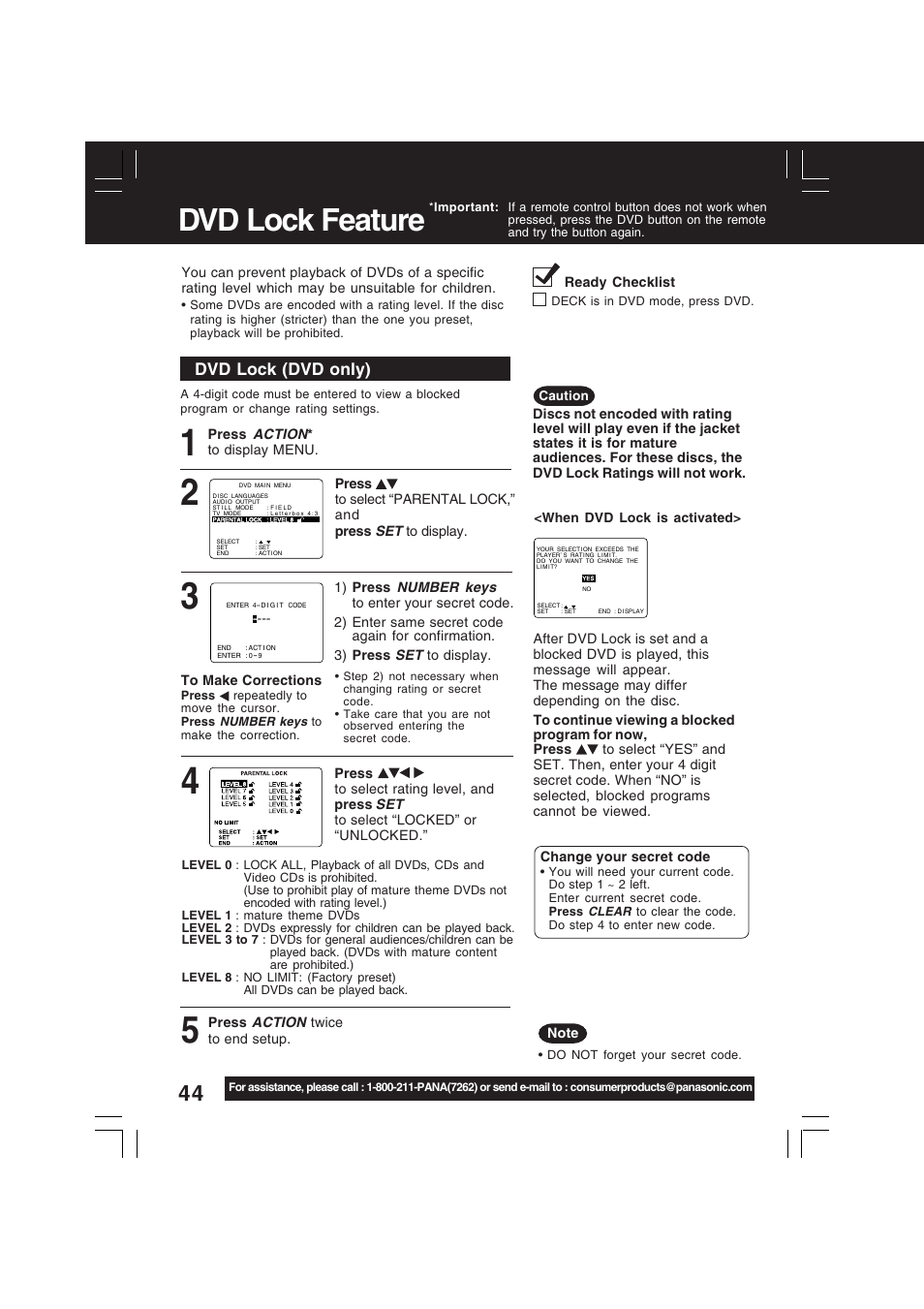Dvd lock feature, Dvd lock (dvd only) | Panasonic PV-D4742 User Manual | Page 44 / 60