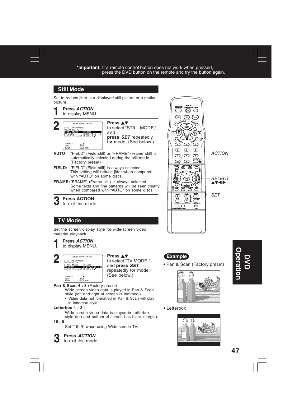 Dv d operation, Still mode, Tv mode | Panasonic PV-D4742 User Manual | Page 47 / 60