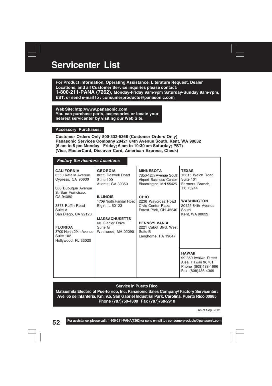 Servicenter list | Panasonic PV-D4742 User Manual | Page 52 / 60