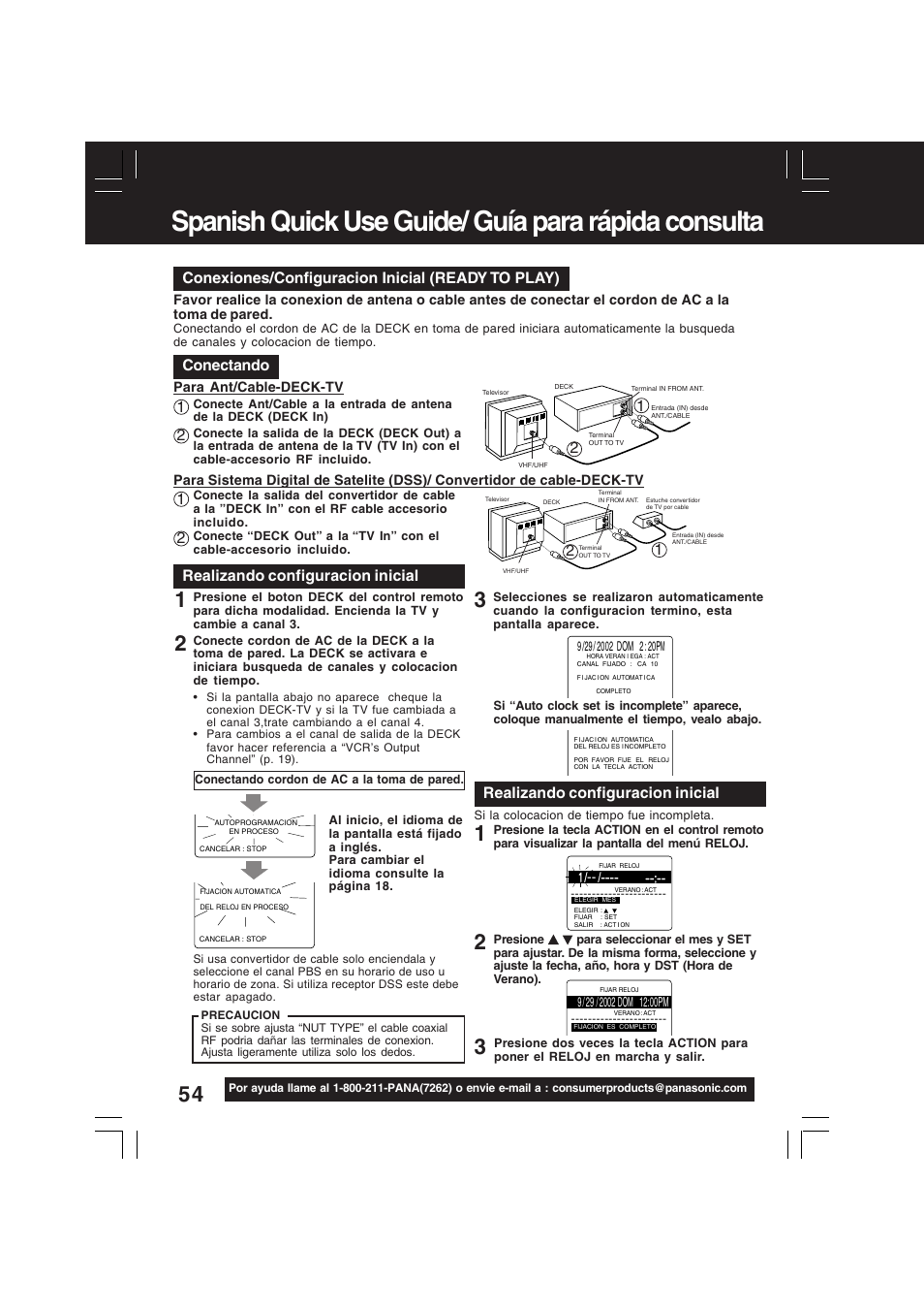 Spanish (espanol) quick use guide, Spanish quick use guide/ guía para rápida consulta, Para ajustar el idioma, canal y | Conexiones/configuracion inicial (ready to play), Conectando, 21 2 1 realizando configuracion inicial, Realizando configuracion inicial | Panasonic PV-D4742 User Manual | Page 54 / 60