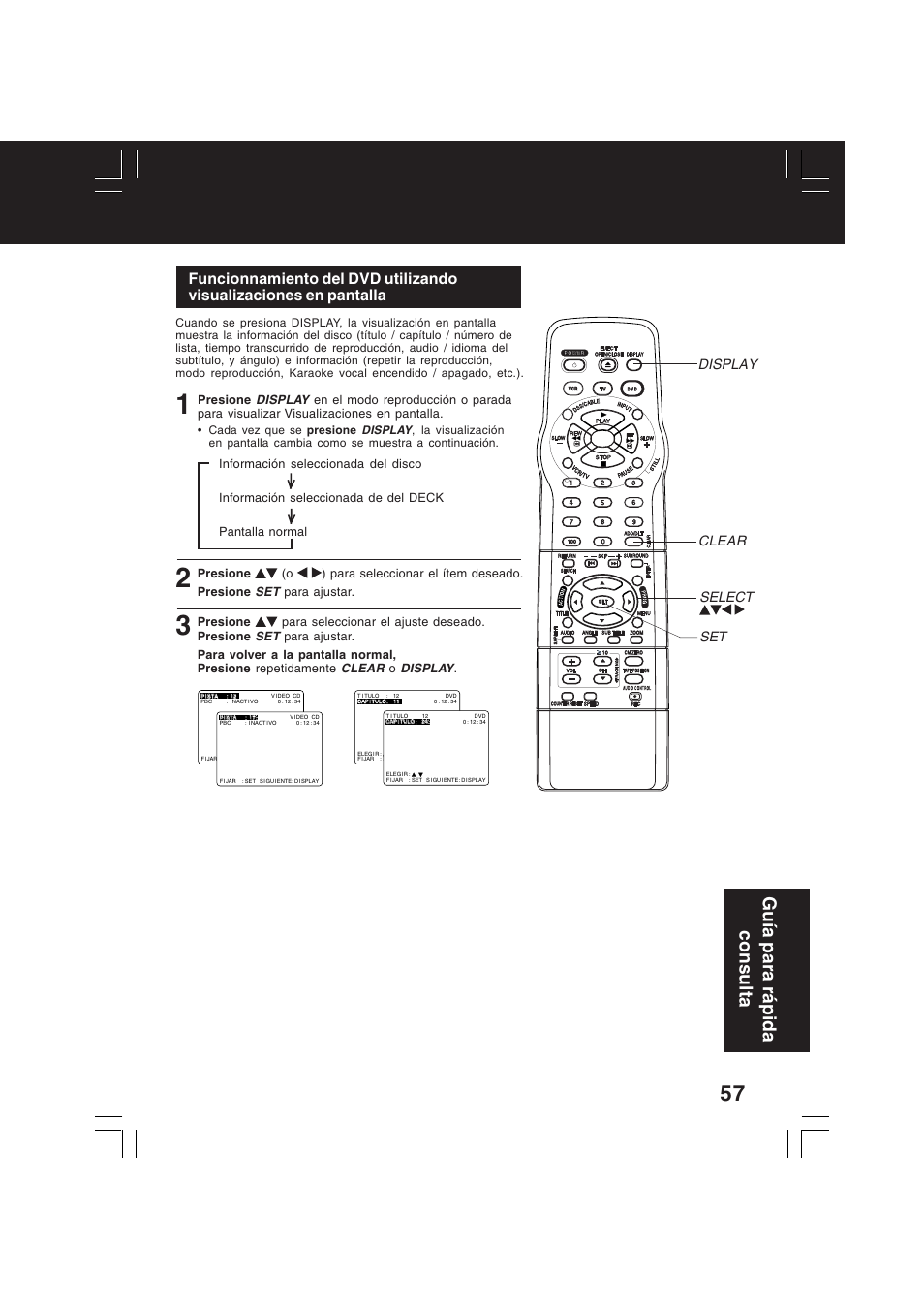 Gu ía para r á pida consulta, Select display clear set | Panasonic PV-D4742 User Manual | Page 57 / 60