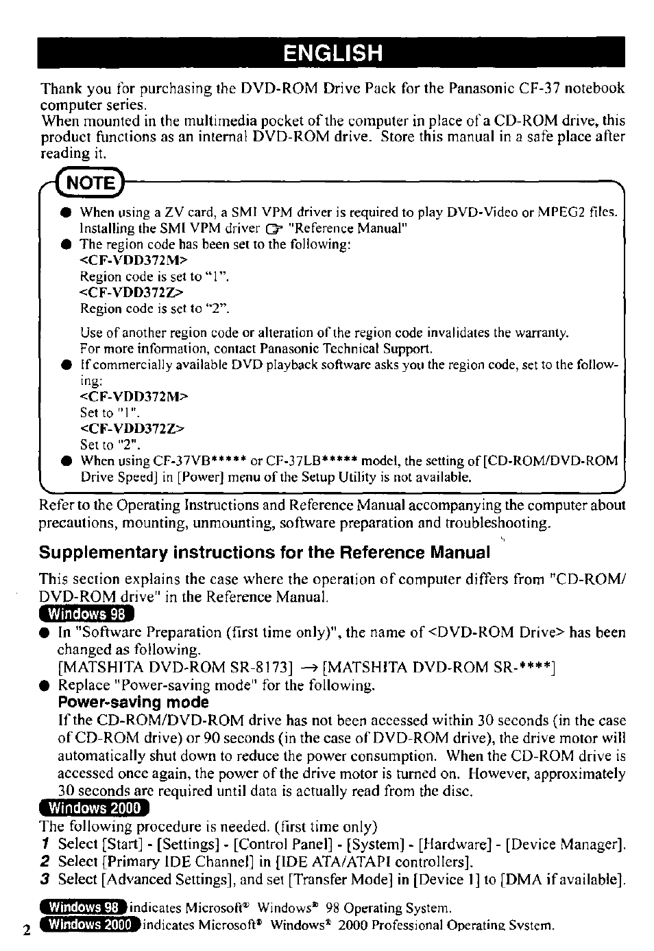 English, Power-saving mode | Panasonic CF-VDD372 User Manual | Page 2 / 8