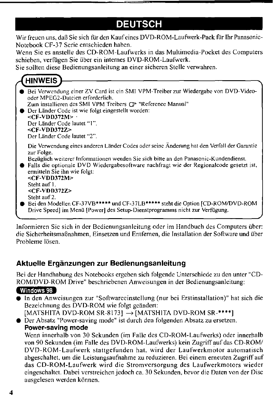 Deutsch, Aktuelle ergänzungen zur bedienungsanleitung, Power-saving mode | Ckekt | Panasonic CF-VDD372 User Manual | Page 4 / 8